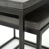 Featuring Harlow Nesting Tables - Set of 2 by Four Hands at Amethyst Home. Spare beauty, casual elegance. A gunmetal-finished Parsons base with hand-rubbed, dimensional edges supports two rough-hewn bluestone slabs that feel found and perfectly placed.
Dimensions: Large 20"W x 16"L x 19"H  ; Small 17"W x 13.5"L x 16"HColors: Gunmetal, BluestoneMaterials: Iro.  Amethyst Home provides interior design, new home construction design consulting, vintage area rugs, and lighting in the Austin metro area.