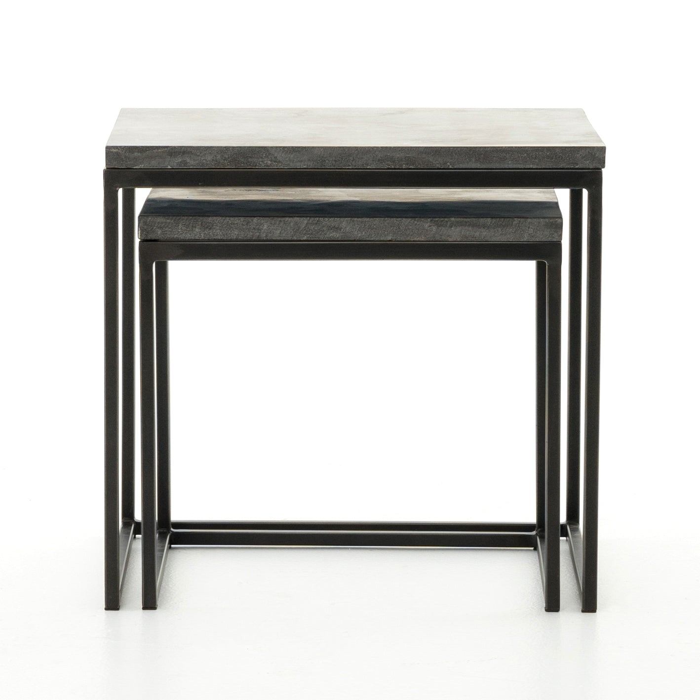 Featuring Harlow Nesting Tables - Set of 2 by Four Hands at Amethyst Home. Spare beauty, casual elegance. A gunmetal-finished Parsons base with hand-rubbed, dimensional edges supports two rough-hewn bluestone slabs that feel found and perfectly placed.
Dimensions: Large 20"W x 16"L x 19"H  ; Small 17"W x 13.5"L x 16"HColors: Gunmetal, BluestoneMaterials:.  Amethyst Home provides interior design, new home construction design consulting, vintage area rugs, and lighting in the Alpharetta metro area.