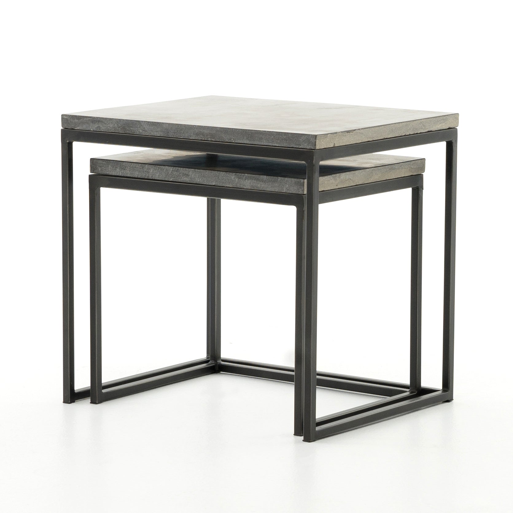 Featuring Harlow Nesting Tables - Set of 2 by Four Hands at Amethyst Home. Spare beauty, casual elegance. A gunmetal-finished Parsons base with hand-rubbed, dimensional edges supports two rough-hewn bluestone slabs that feel found and perfectly placed.
Dimensions: Large 20"W x 16"L x 19"H  ; Small 17"W x 13.5"L x 16"HColors: Gunmetal, BluestoneMaterials: Ir.  Amethyst Home provides interior design, new home construction design consulting, vintage area rugs, and lighting in the Houston metro area.