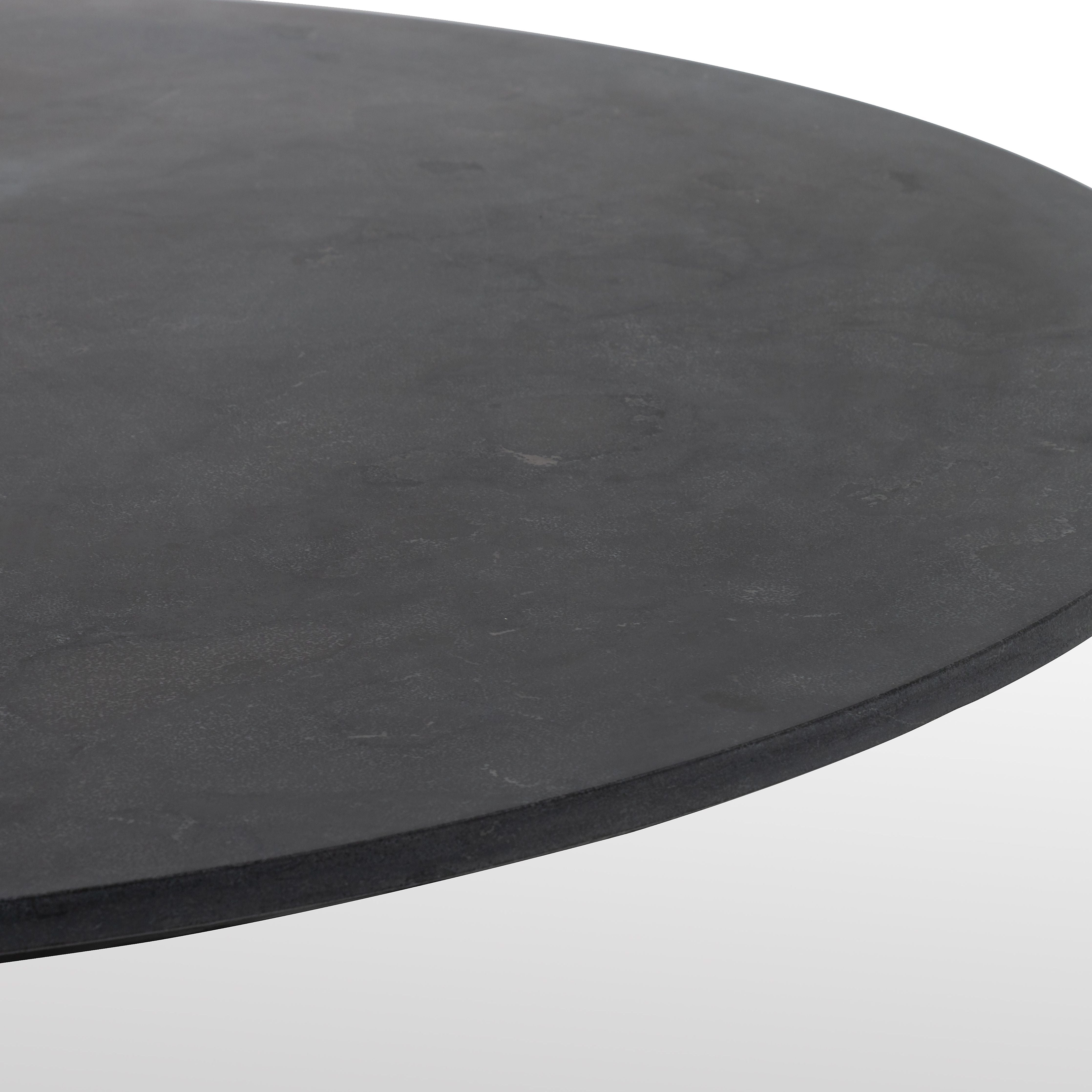 Featuring Powell 55" Dining Table - Bluestone by Four Hands at Amethyst Home. Classic tulip shaping is recast with a rustic black iron finish topped with a solid bluestone table top. This cute bistro style dining table is perfectly sized for a cozy breakfast nook.
Overall Dimensions: 55"W x 55"L x 29.50"H
Colors: Dark Rustic Black, Ebony, BluestoneMaterials: .  Amethyst Home provides interior design, new home construction design consulting, vintage area rugs, and lighting in the Dallas metro area.