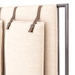 Featuring Leigh Upholstered Bed - Palm Ecru by Four Hands at Amethyst Home. Safari styling gets a modern reboot with this Leigh Upholstered Bed. Linen-blend upholstery of neutral taupe lays a texture-rich base for a forward-thinking bedroom look. Brown leather straps secure decorative headboard pillows, suspended for eye-catching effect. Box spring required.
.  Amethyst Home provides interior design, new home construction design consulting, vintage area rugs, and lighting in the Austin metro area.