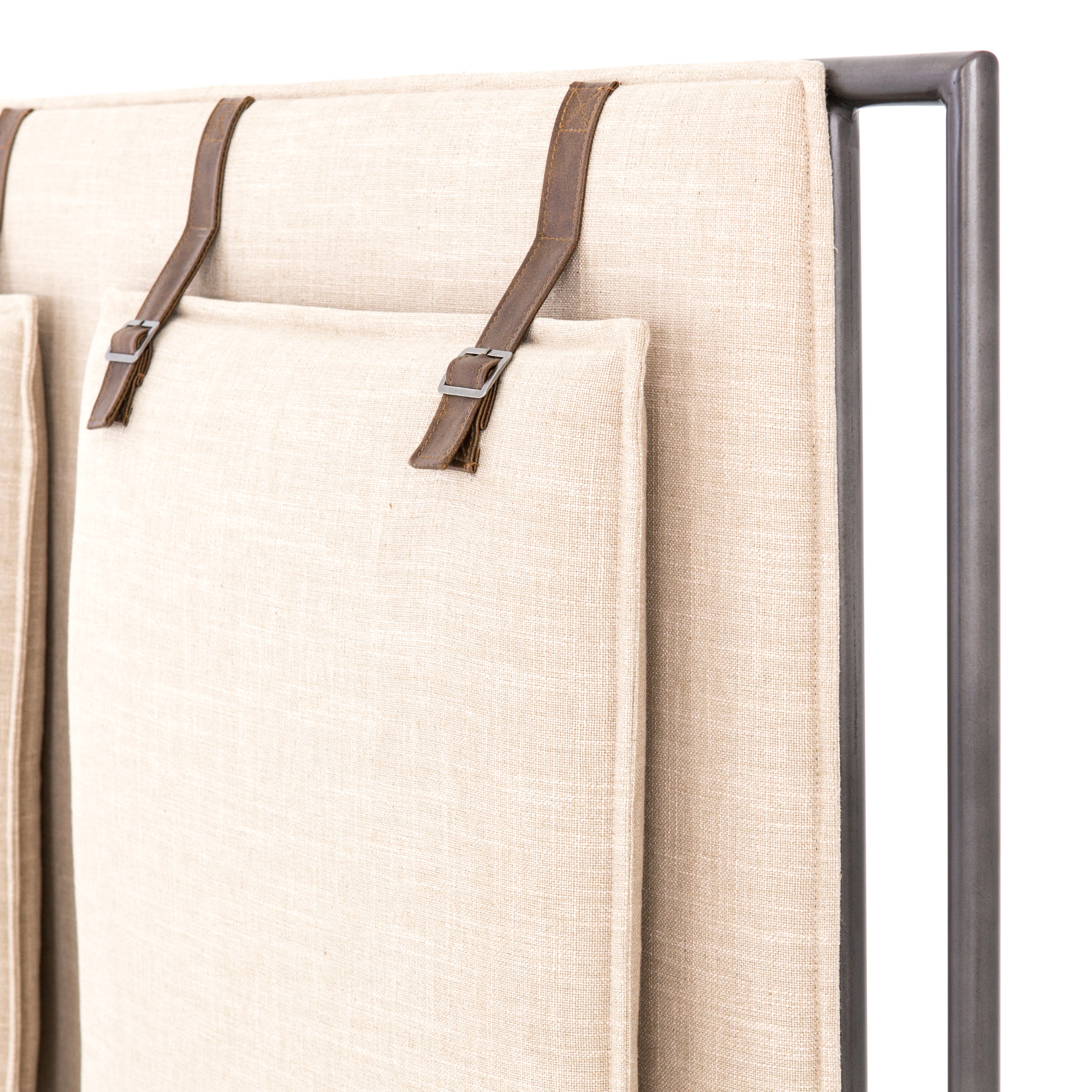 Featuring Leigh Upholstered Bed - Palm Ecru by Four Hands at Amethyst Home. Safari styling gets a modern reboot with this Leigh Upholstered Bed. Linen-blend upholstery of neutral taupe lays a texture-rich base for a forward-thinking bedroom look. Brown leather straps secure decorative headboard pillows, suspended for eye-catching effect. Box spring required.
.  Amethyst Home provides interior design, new home construction design consulting, vintage area rugs, and lighting in the Austin metro area.