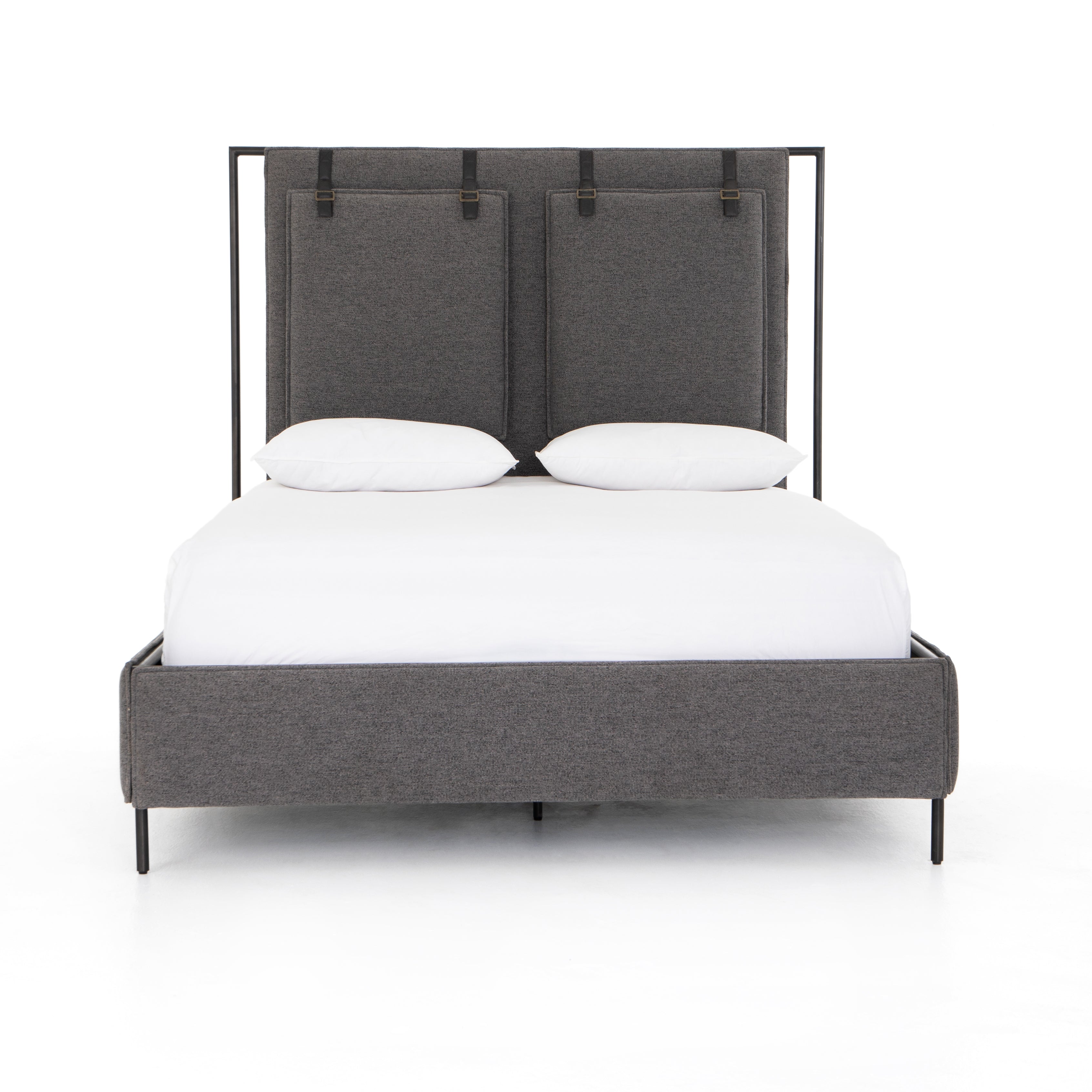 Featuring Leigh Upholstered Bed - San Remo Ash by Four Hands at Amethyst Home. The black straps on this Leigh San Remo Ash Upholstered Bed give any bedroom a stylish, modern look. 
Queen Size: 65"W x 84.5"L x 60.25"HKing Size: 80.75"W x 84.5"L x 60.25"H
Colors: San Remo Ash, Distressed Black, Waxed Black (pc)Materials: 100% Polyester, 85% Pl, 15% Pu, Iron.  Amethyst Home provides interior design, new home construction design consulting, vintage area rugs, and lighting in the Alpharetta metro area.