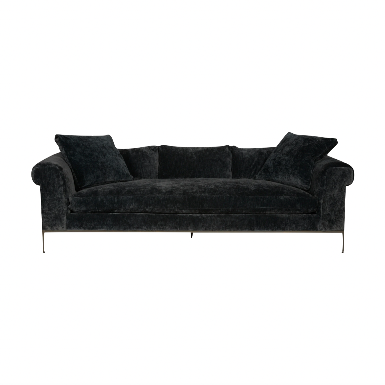 Featuring Henrietta Upholstered Sofa by Cisco Brothers at Amethyst Home. This dapper sofa has a distinctive style, with elegant roll arms and metal black-rust legs. Update your space with this mid-century influenced piece. This is an Amethyst favorite -- we love that the velvet can read black or navy depending on the natural light and time of day.
Henriet. Amethyst Home provides interior design, new home construction design consulting, vintage area rugs, and lighting in the Scottsdale metro area.