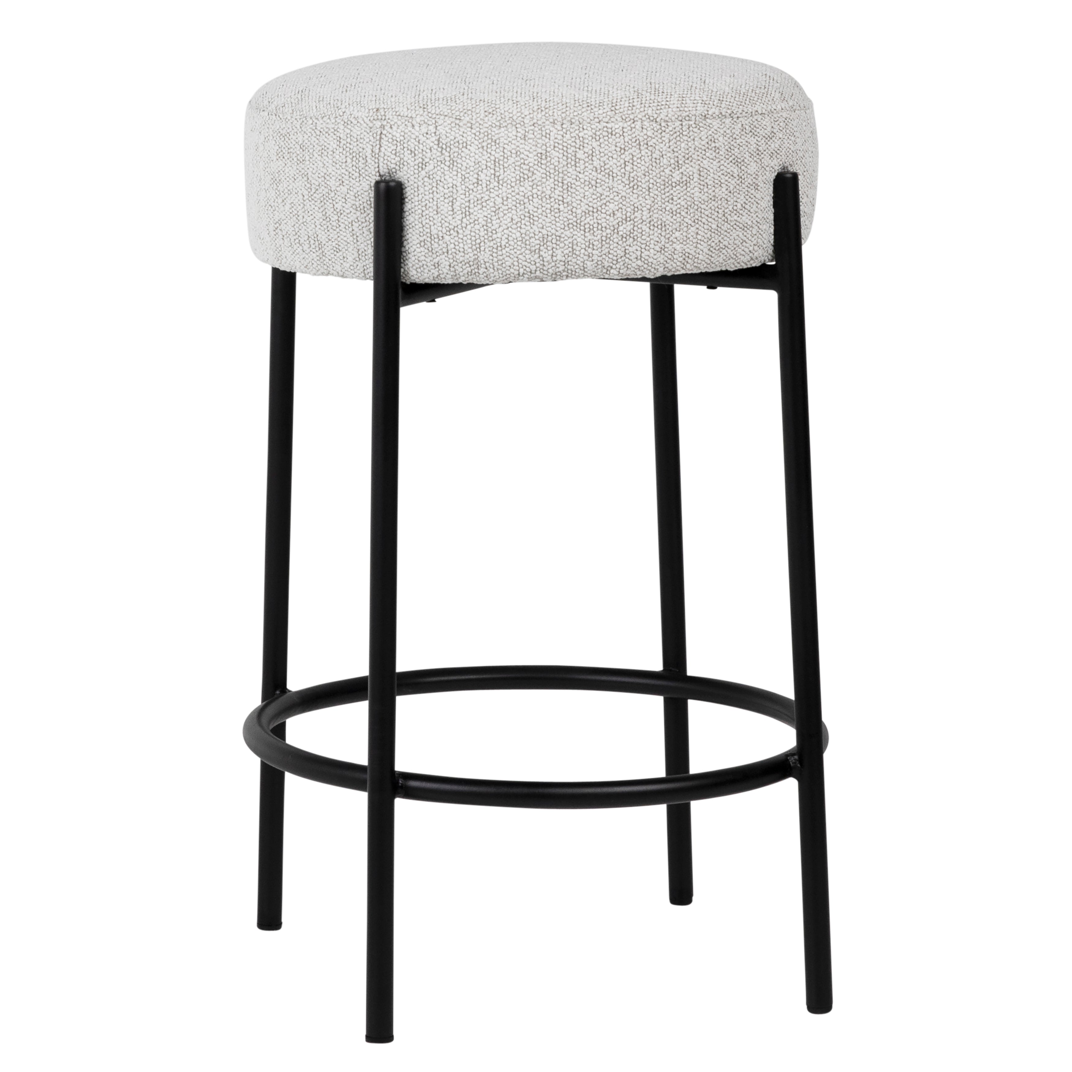 Featuring Becca Counter Stool by Dovetail at Amethyst Home. Striking modern exposed frame paired with a dreamy textural boucle fabric.  Comfortable and lean to fit as many stools as possible!  Simply spot clean with soap and water or soak stubborn spills with hydrogen peroxide.
26"h x 18"d x 18"wFinish : Oatmeal Upholstery with Black Metal Legs. Amethyst Home provides interior design, new home construction design consulting, vintage area rugs, and lighting in the Seattle metro area.