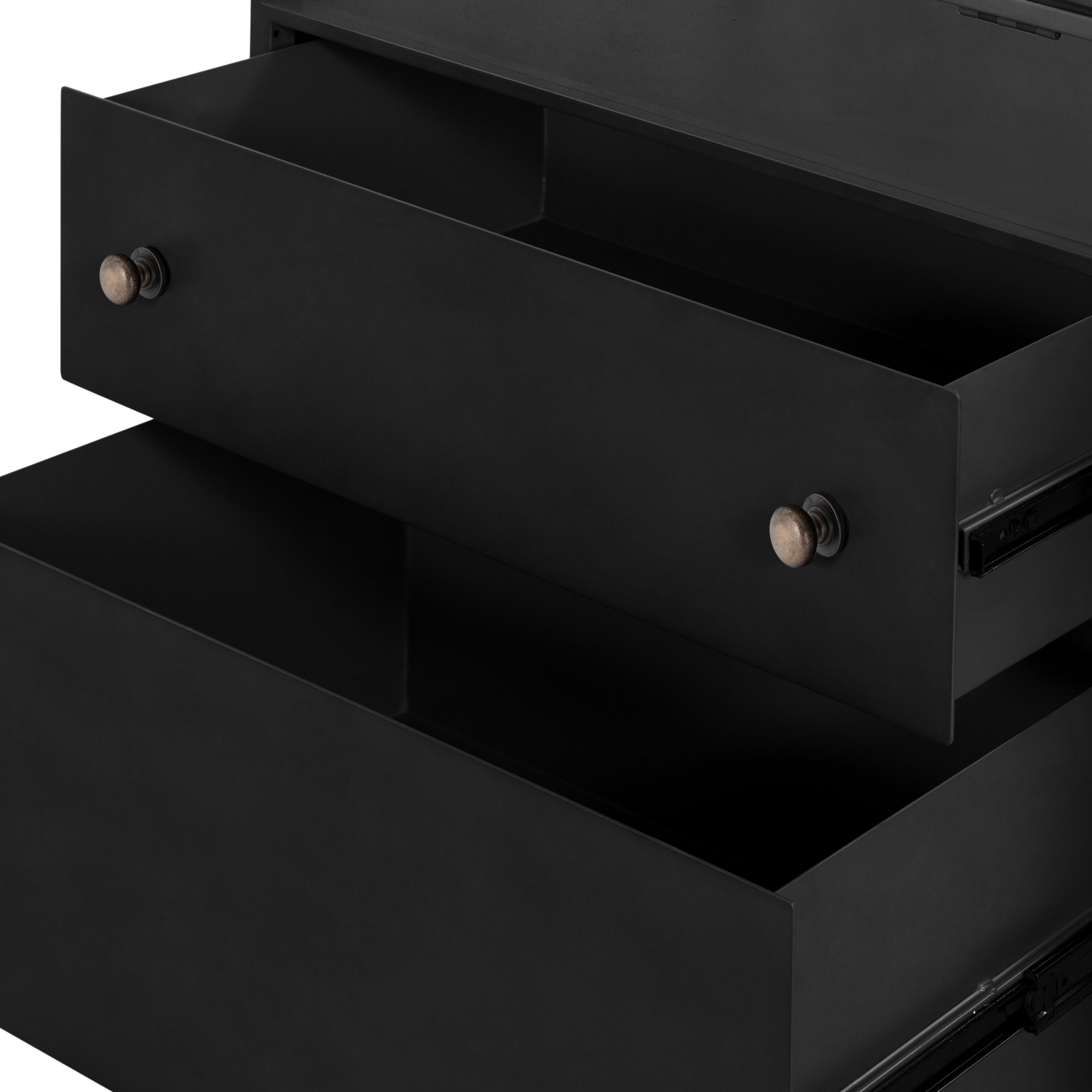 Featuring Shadow Box Nightstand by Four Hands at Amethyst Home. This Shadow Box Nightstand is finished in a gorgeous matte black. We love that the glass top allows you to showcase your favorite jewelry or family keepsake, while the two spacious drawers give you storage space. The knobs are finished in bronze to give this piece a sleek contrast. 
Overall D.  Amethyst Home provides interior design, new home construction design consulting, vintage area rugs, and lighting in the Alpharetta metro area.