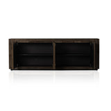 Featuring Abaso Ebony Rustic Wormwood Oak Sideboard by Four Hands at Amethyst Home. Made from thick-cut oak veneer with a faux rustic finish made to emulate wormwood, this low, large-scale sideboard features chunky squared legs and dovetail joinery detailing.Overall Dimensions: 94.50"W x 19.75"L x 33.25"HColors: Black Mdf, Rustic Wormwood Oak, Black PlywoodMat. Amethyst Home provides interior design, new home construction design consulting, vintage area rugs, and lighting in the Boston metro area.