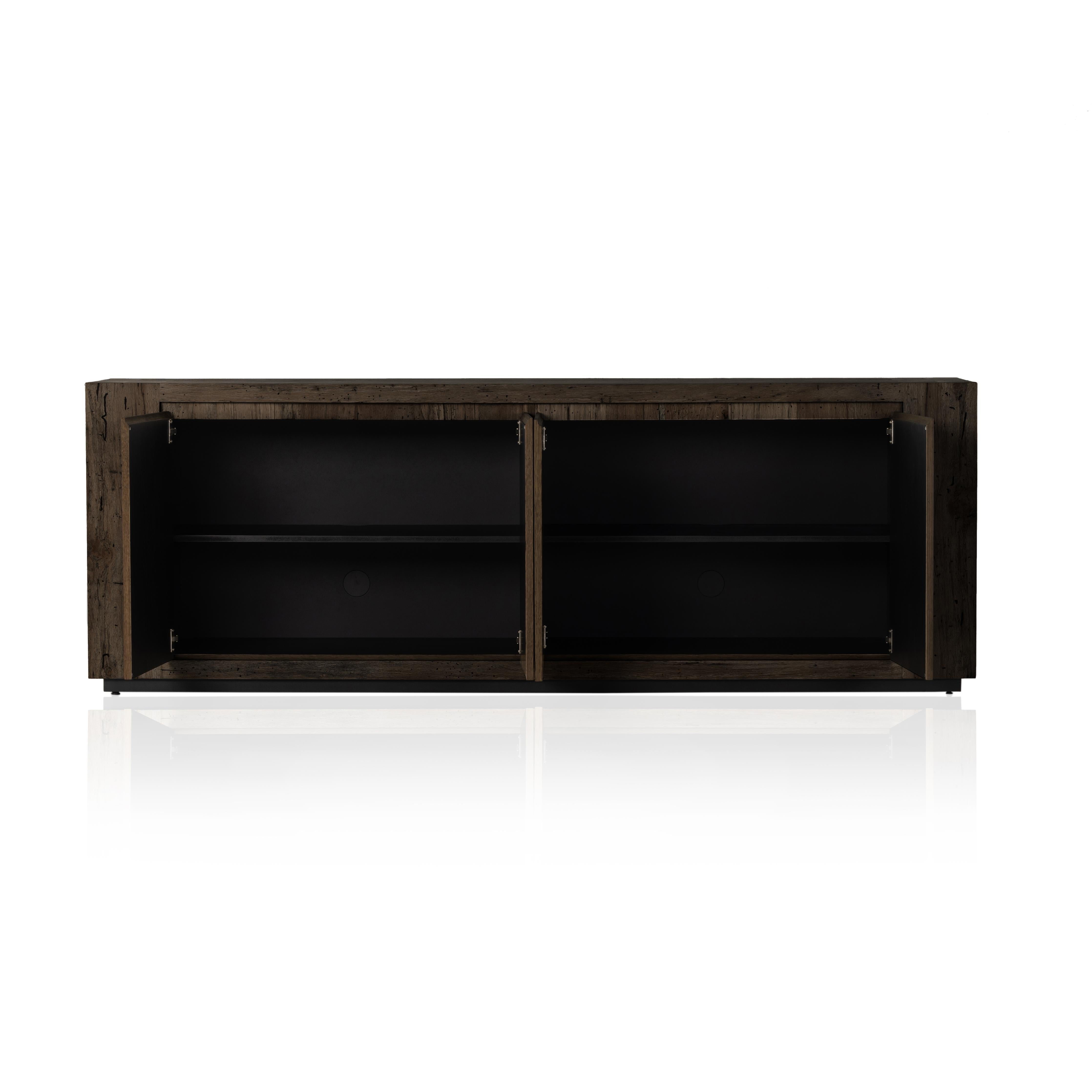 Featuring Abaso Ebony Rustic Wormwood Oak Sideboard by Four Hands at Amethyst Home. Made from thick-cut oak veneer with a faux rustic finish made to emulate wormwood, this low, large-scale sideboard features chunky squared legs and dovetail joinery detailing.Overall Dimensions: 94.50"W x 19.75"L x 33.25"HColors: Black Mdf, Rustic Wormwood Oak, Black PlywoodMat. Amethyst Home provides interior design, new home construction design consulting, vintage area rugs, and lighting in the Boston metro area.