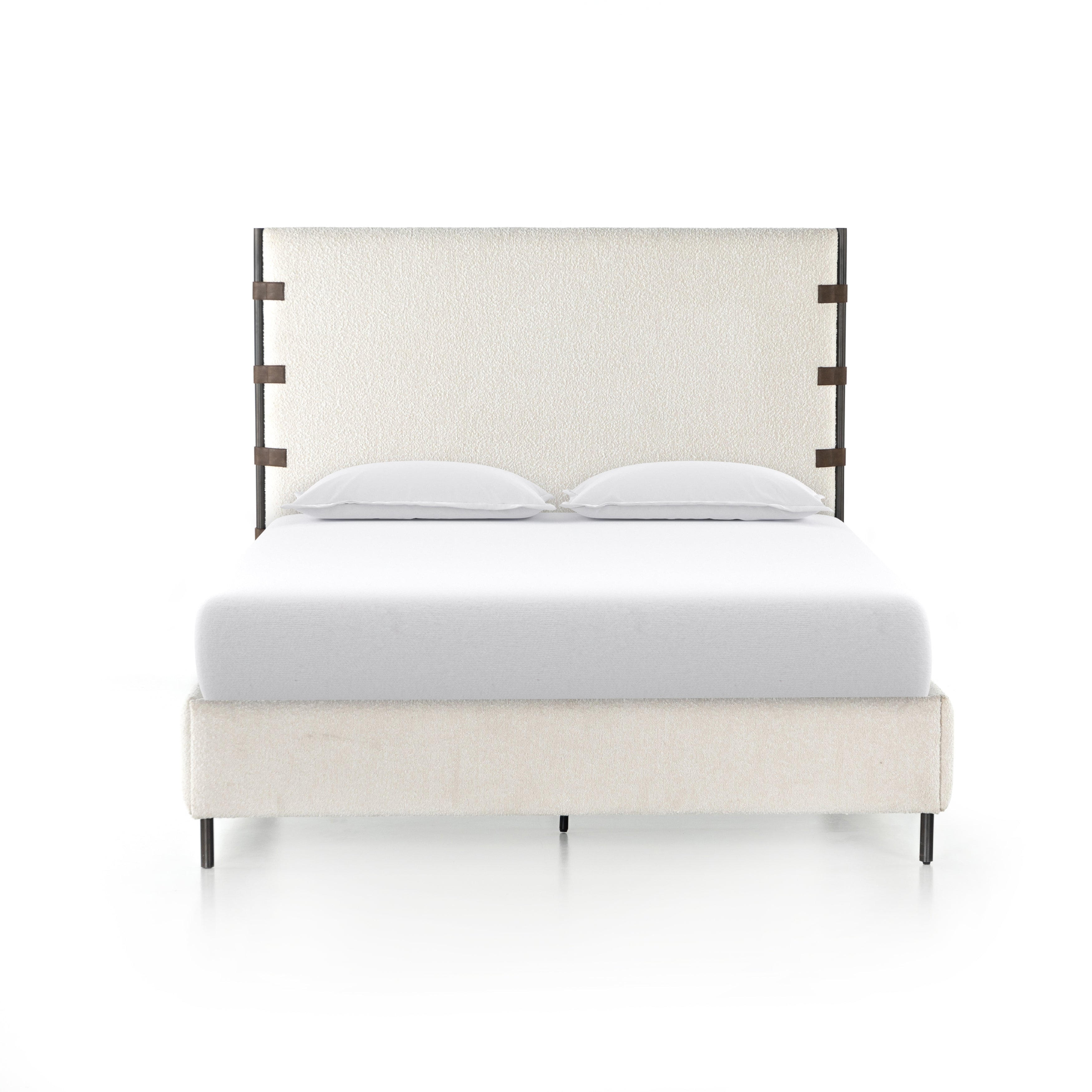 Featuring Anderson Knoll Natural Bed by Four Hands at Amethyst Home. Bring texture into play. Upholstered in a performance fabric in a classic cream-colored boucle for Knoll Natural with decorative leather straps adding a material-driven touch with contrast. Standard box spring required.
Sizes:
King : 81.50"W x 85"L x 55"HInterior dimensions for a  king mattress: 76.75" x 80.75" x 2"
Queen : 65. Amethyst Home provides interior design services, furniture, rugs, and lighting in the Omaha metro area.