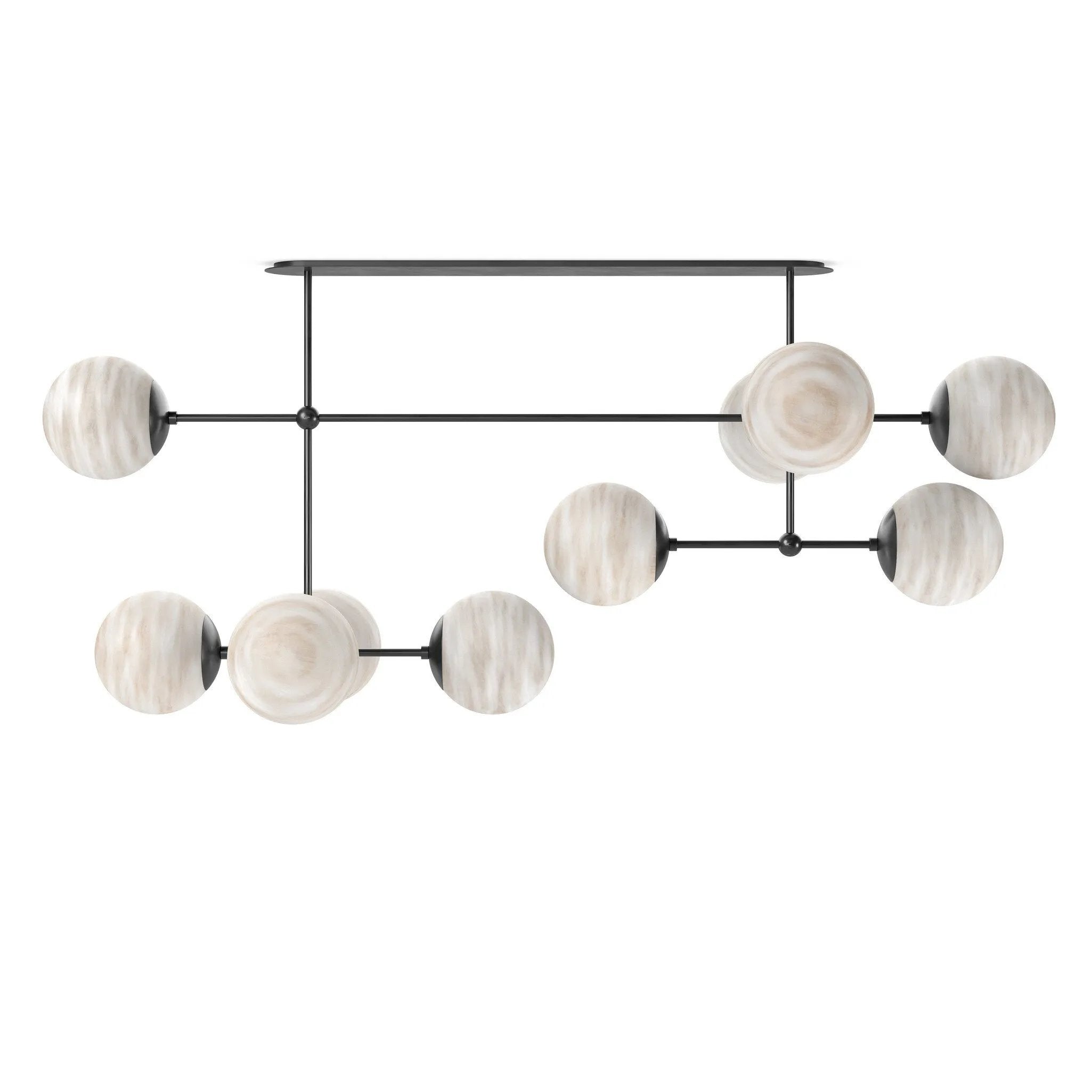 Featuring Armstrong Black Gunmetal Marbled Matte Glass Linear Chandelier by Four Hands at Amethyst Home. Marbled glass spheres seem to extend and reach across smooth brass rods. Each globe is individually blown, shaped and sculpted by hand through a one-hour process. The finish on the brass frame is achieved through a specialized process that turns the bras. Amethyst Home provides interior design, new home construction design consulting, vintage area rugs, and lighting in the Nashville metro area.