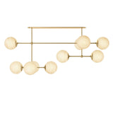 Featuring Armstrong Burnished Brass Marbled Matte Glass Linear Chandelier by Four Hands at Amethyst Home. Marbled glass spheres seem to extend and reach across smooth brass rods. Each globe is individually blown, shaped and sculpted by hand through a one-hour process. Brass and glass are 98% recyclable. Designed and sustainably made in Poland by Schwung. Amethyst Home provides interior design, new home construction design consulting, vintage area rugs, and lighting in the Winter Garden metro area.