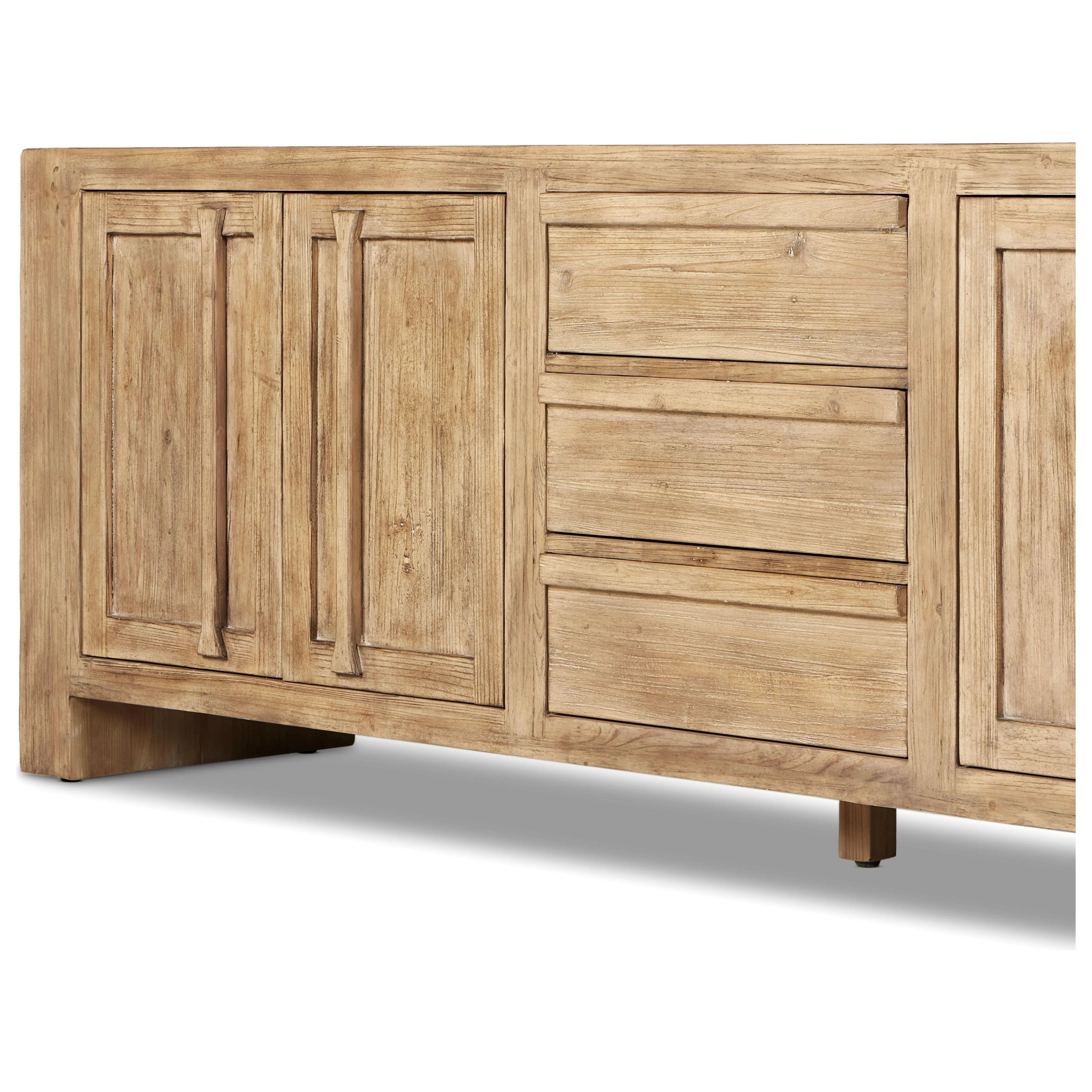 Featuring Briarbrook Distressed Light Sideboard by Four Hands at Amethyst Home. A large, waterfall-style sideboard inspired by Chinese antiques is made from solid pine with a light, distressed finish and butterfly joint connections. Rear cutouts for cord management.Overall Dimensions: 18"W x 94"L x 30"H
Collection: WellsColors: Distressed Light PineMaterials:. Amethyst Home provides interior design, new home construction design consulting, vintage area rugs, and lighting in the Seattle metro area.