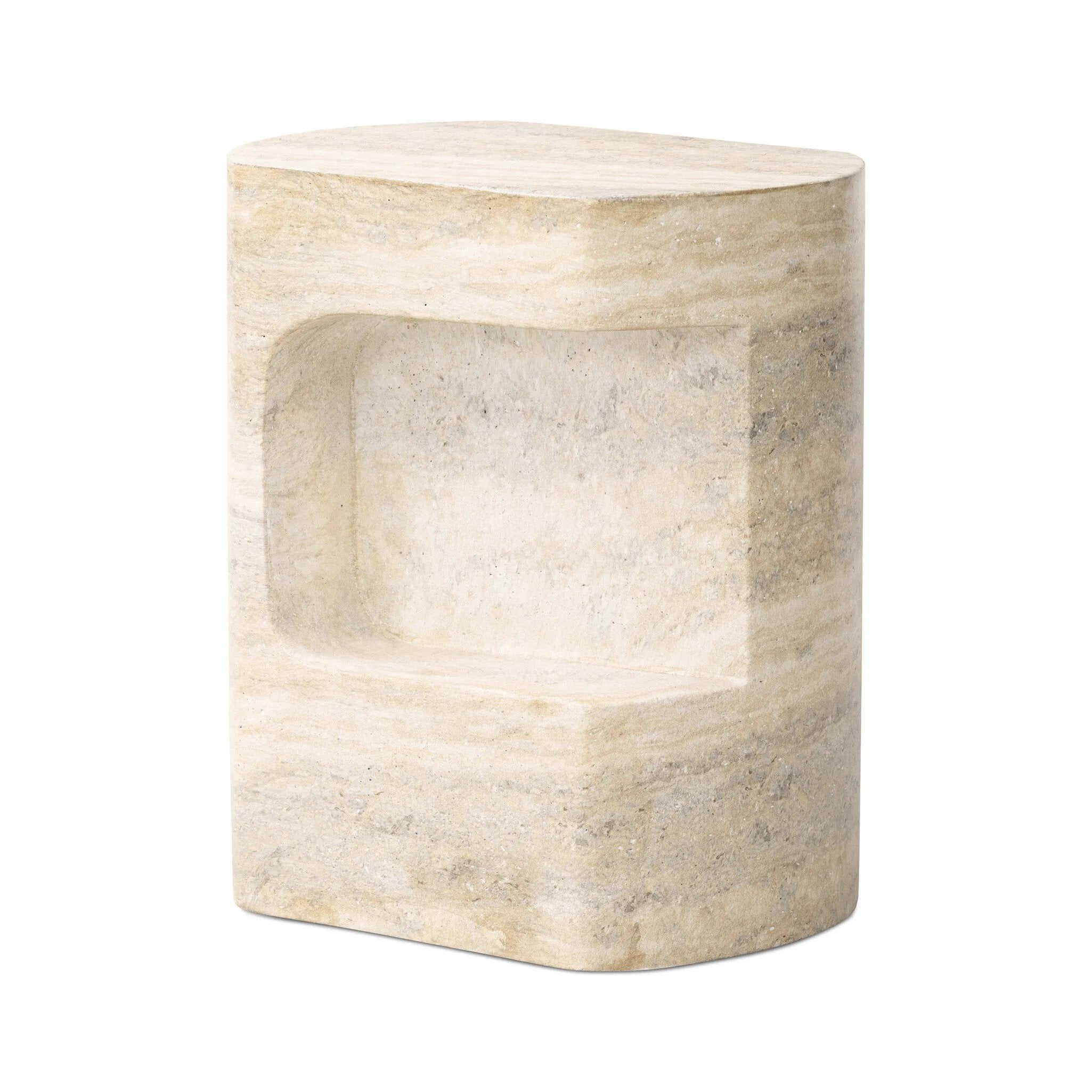 Featuring Clementine Textured Sandy Grey End Table by Four Hands at Amethyst Home. Cutout detailing brings a clean, modern vibe to a versatile end table of cast concrete. A water transfer finish creates a textured look and sandy hue resembling natural travertine.Collection: ChandlerColors: Textured Sandy GreyMaterials: Concrete Weight: 44.09 lbs. Amethyst Home provides interior design, new home construction design consulting, vintage area rugs, and lighting in the Kansas City metro area.