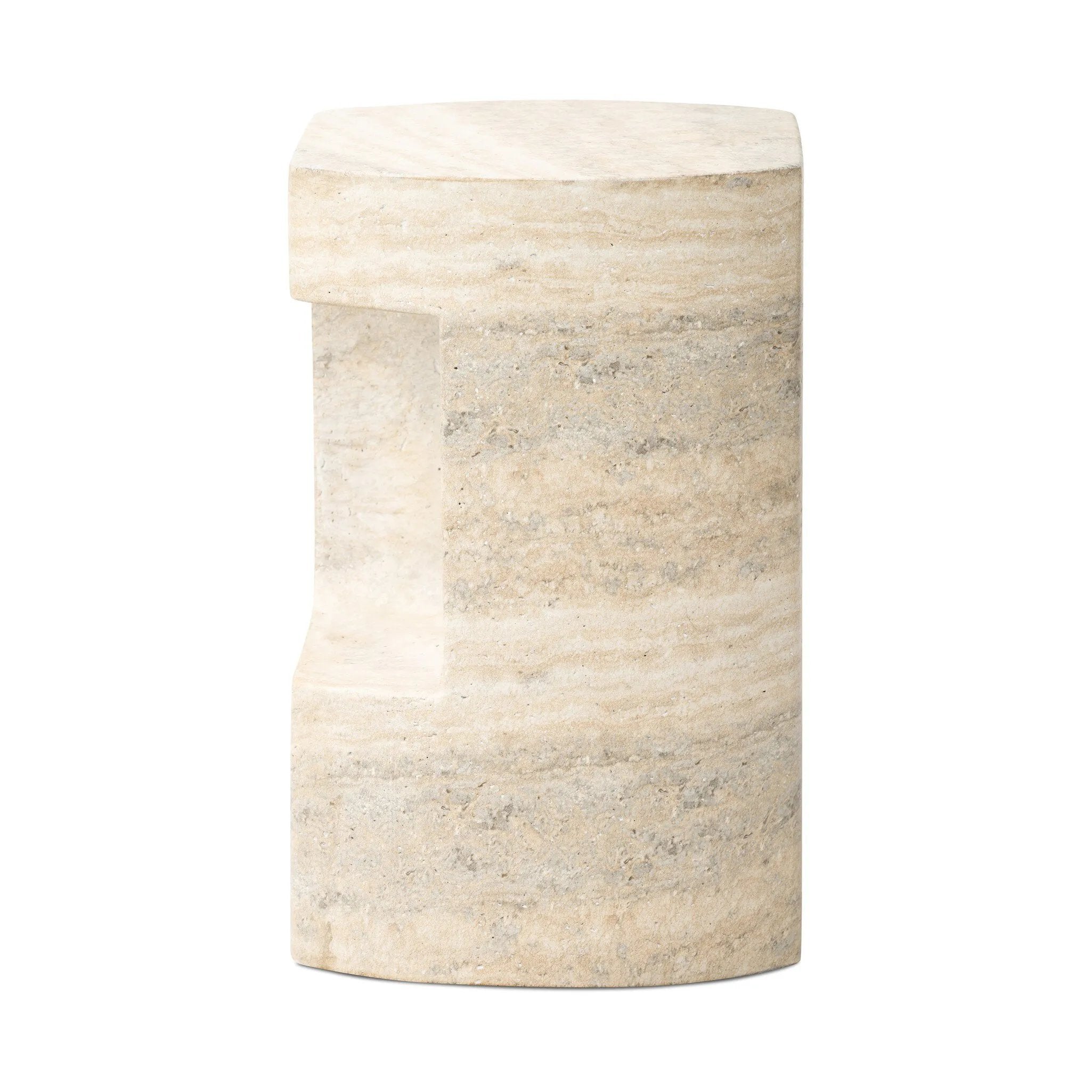 Featuring Clementine Textured Sandy Grey End Table by Four Hands at Amethyst Home. Cutout detailing brings a clean, modern vibe to a versatile end table of cast concrete. A water transfer finish creates a textured look and sandy hue resembling natural travertine.Collection: ChandlerColors: Textured Sandy GreyMaterials: Concrete Weight: 44.09 lbs. Amethyst Home provides interior design, new home construction design consulting, vintage area rugs, and lighting in the Washington metro area.