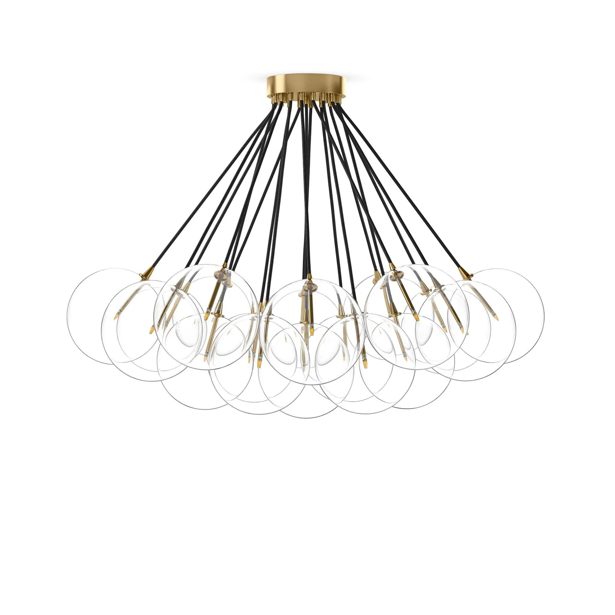 Featuring Cloud Black Cord Burnished Brass Chandelier by Four Hands at Amethyst Home. Clear glass bulbs dangle for a statement-making centerpiece. Each globe is individually blown, shaped and sculpted by hand through a one-hour process. Brass and glass are 98% recyclable. Designed and sustainably crafted in Poland by Schwung.
Overall Dimensions : 47.00"w x 47.. Amethyst Home provides interior design, new home construction design consulting, vintage area rugs, and lighting in the Dallas metro area.