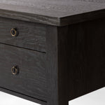Featuring Concord Charcoal Oak Desk by Four Hands at Amethyst Home. Made from oak veneer with a deep charcoal finish, this executive-size desk delivers ultimate storage, including four drawers on one side plus six open cubbies on the other, granting the option to float-style in a room. Partially turned legs add a design-forward finishing touch.Overall Dimensions: 75"W x 30"L x 30. Amethyst Home provides interior design, new construction, custom furniture, and area rugs in the Nashville metro area.