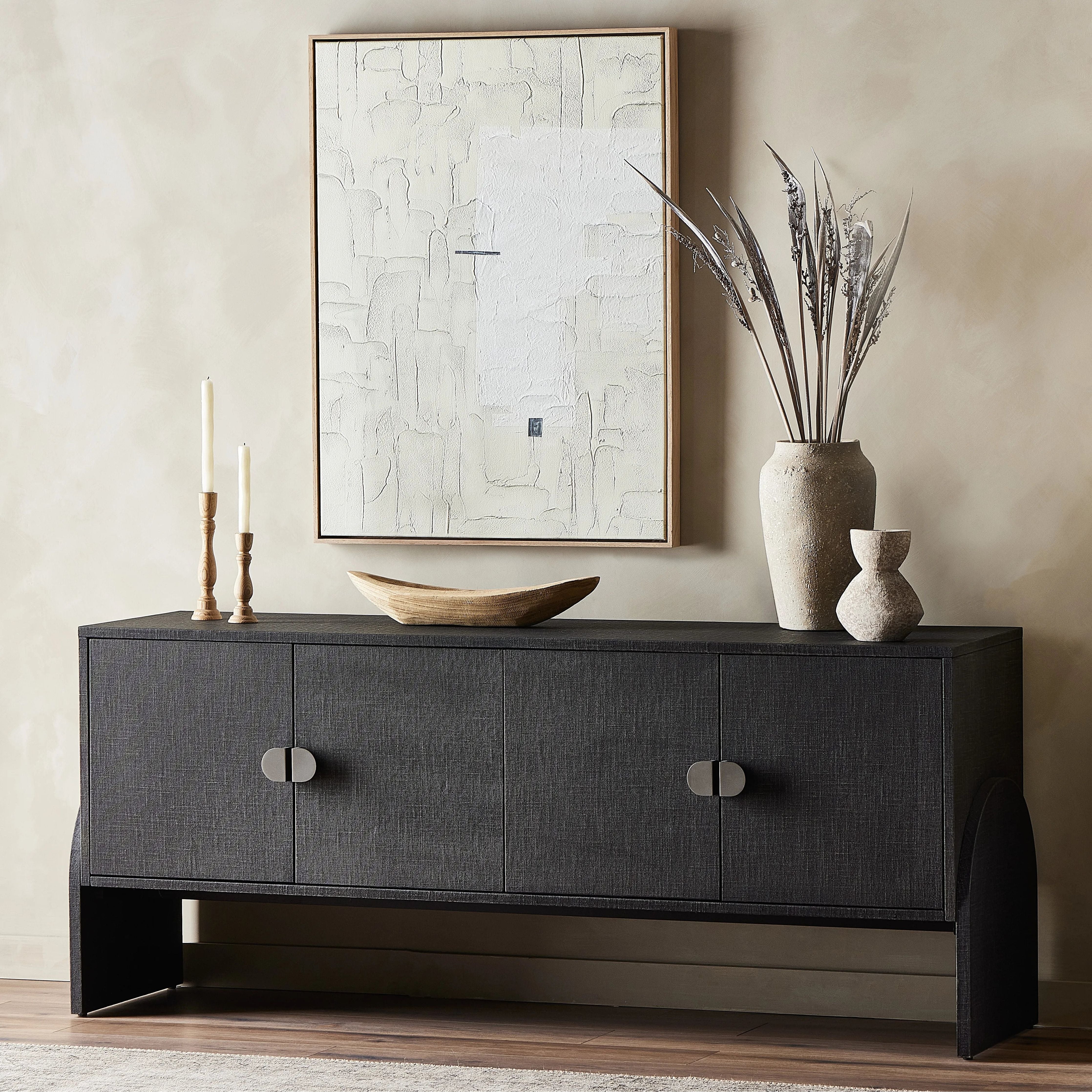 Featuring Cressida Black Linen Sideboard by Four Hands at Amethyst Home. Talk about novelty. Made from painted black linen, a