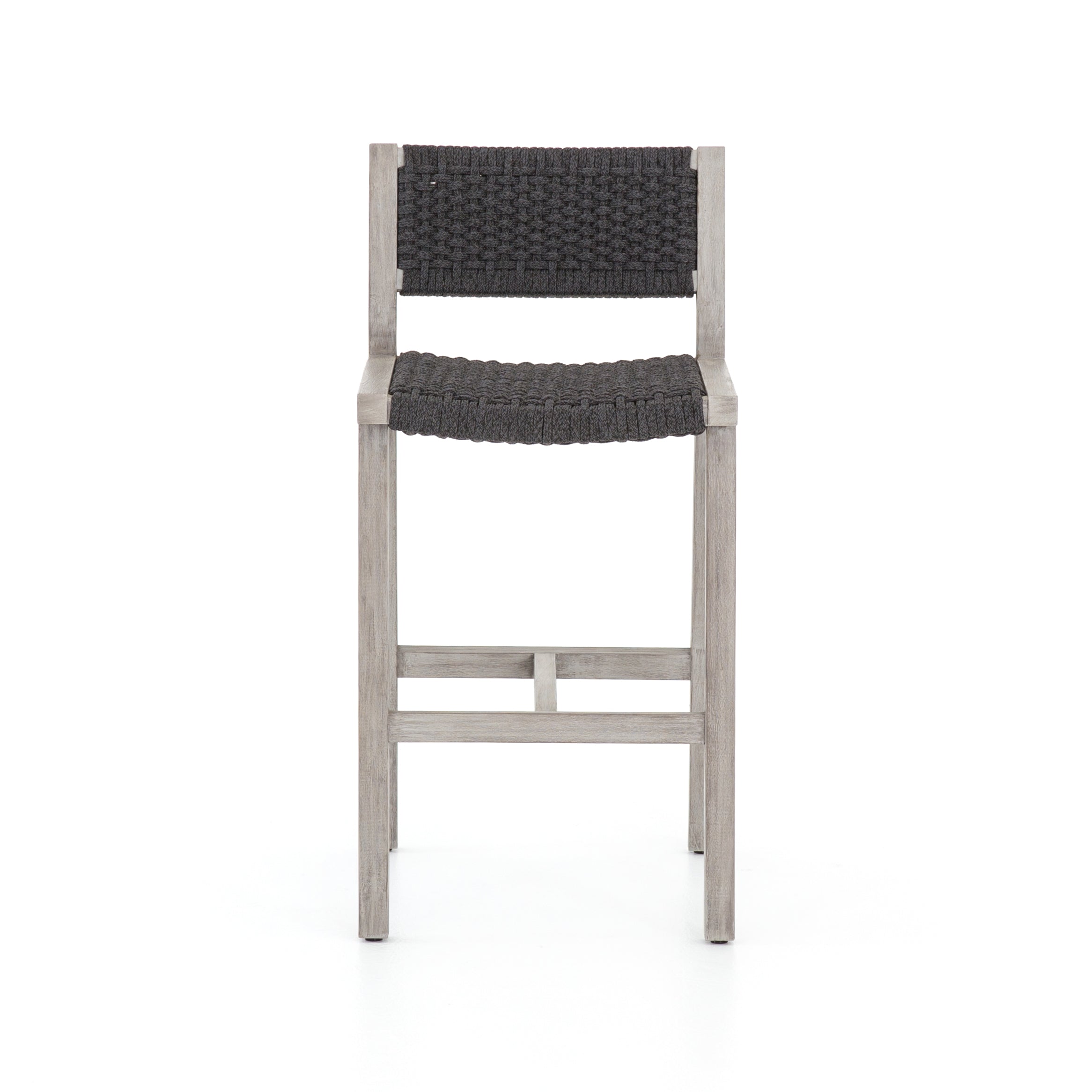 Featuring Delano Grey Outdoor Bar Stool by Four Hands at Amethyst Home. A textural take on outdoor bar styling, weathered grey teak welcomes thick, handwoven rope seating in an inviting grey. Safe for outdoor spaces. Cover or store indoors during inclement weather and when not in use.Overall Dimensions: 19.75"W x 24"L x 40.50"H
Collection: SolanoColors: Thick Dark Grey Rope ,We. Amethyst Home provides interior design, new construction, custom furniture, and area rugs in the Kansas City metro area.