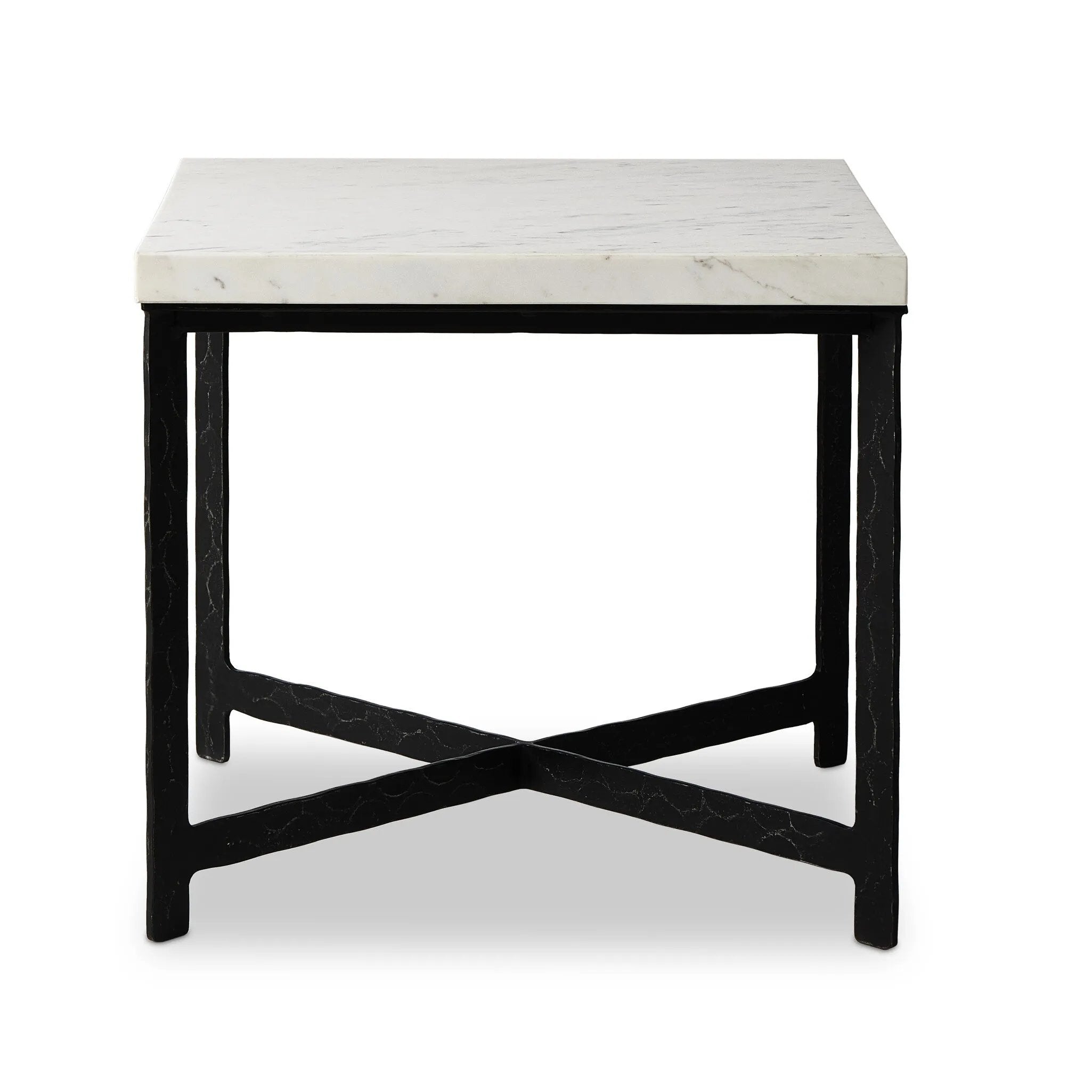 Featuring Hammered White Marble Iron End Table by Four Hands at Amethyst Home. An open, hand-hammered base of black iron supports a squared top of white marble, for a beautifully streamlined look with rustic vibes.Collection: ElementColors: White Marble ,Hammered Black IronMaterials: Solid Marble ,Iron ,Engineered Hardwood Weight: 89.9 lbs. Amethyst Home provides interior design, new home construction design consulting, vintage area rugs, and lighting in the Charlotte metro area.
