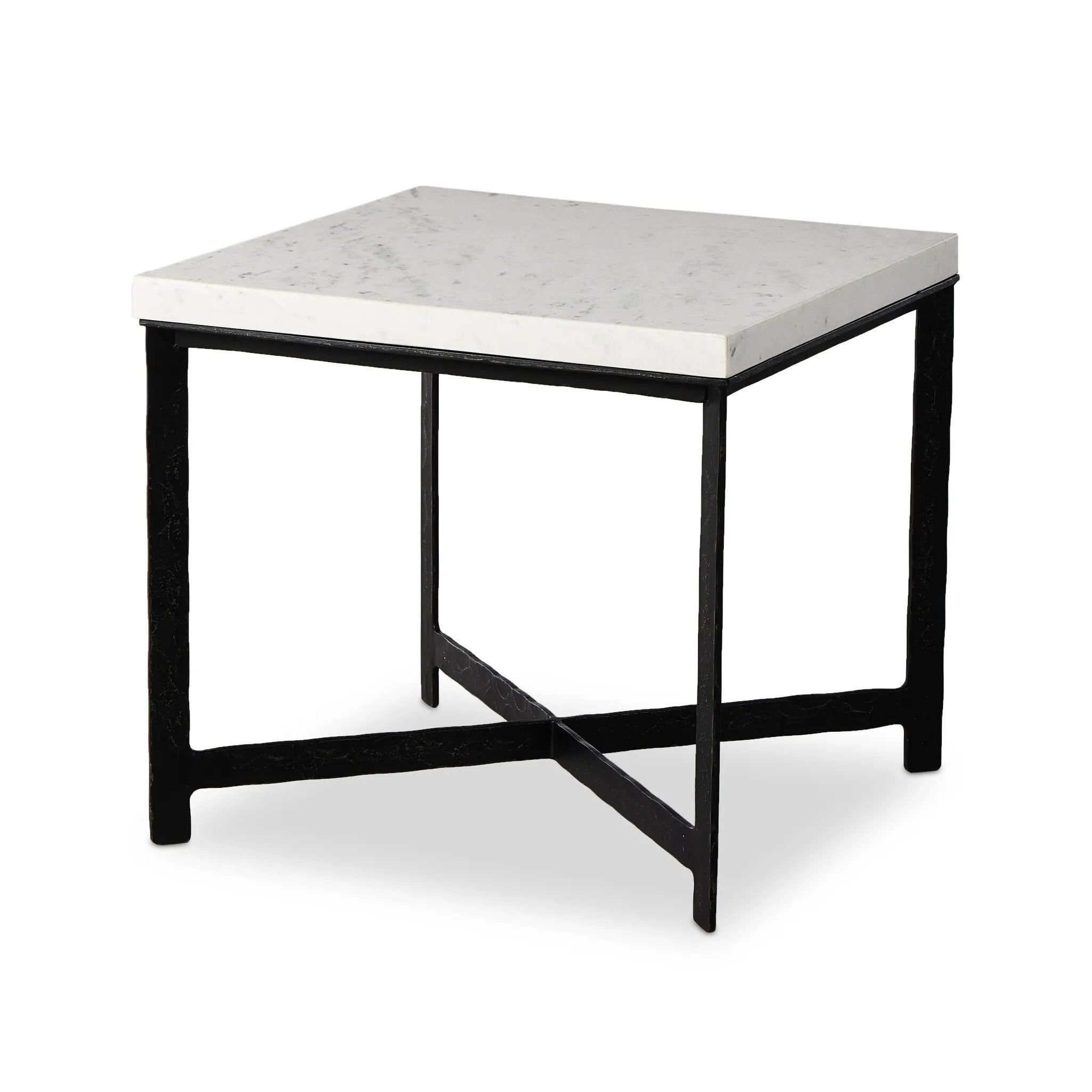 Featuring Hammered White Marble Iron End Table by Four Hands at Amethyst Home. An open, hand-hammered base of black iron supports a squared top of white marble, for a beautifully streamlined look with rustic vibes.Collection: ElementColors: White Marble ,Hammered Black IronMaterials: Solid Marble ,Iron ,Engineered Hardwood Weight: 89.9 lbs. Amethyst Home provides interior design, new home construction design consulting, vintage area rugs, and lighting in the Kansas City metro area.