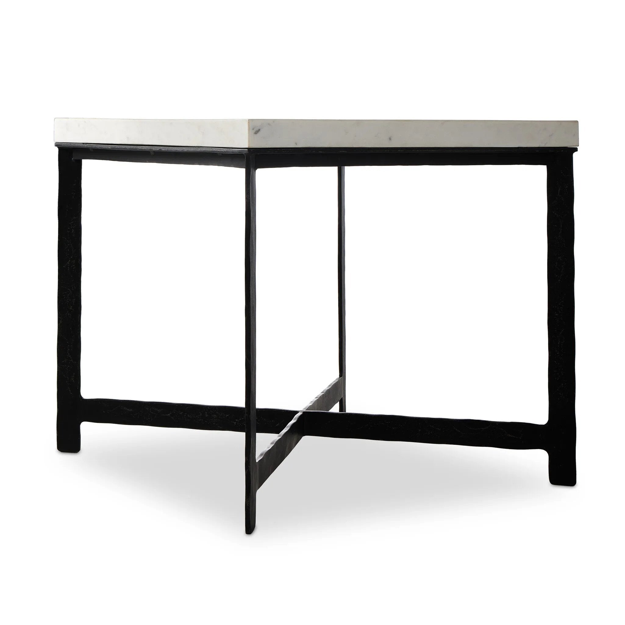 Featuring Hammered White Marble Iron End Table by Four Hands at Amethyst Home. An open, hand-hammered base of black iron supports a squared top of white marble, for a beautifully streamlined look with rustic vibes.Collection: ElementColors: White Marble ,Hammered Black IronMaterials: Solid Marble ,Iron ,Engineered Hardwood Weight: 89.9 lbs. Amethyst Home provides interior design, new home construction design consulting, vintage area rugs, and lighting in the Newport Beach metro area.