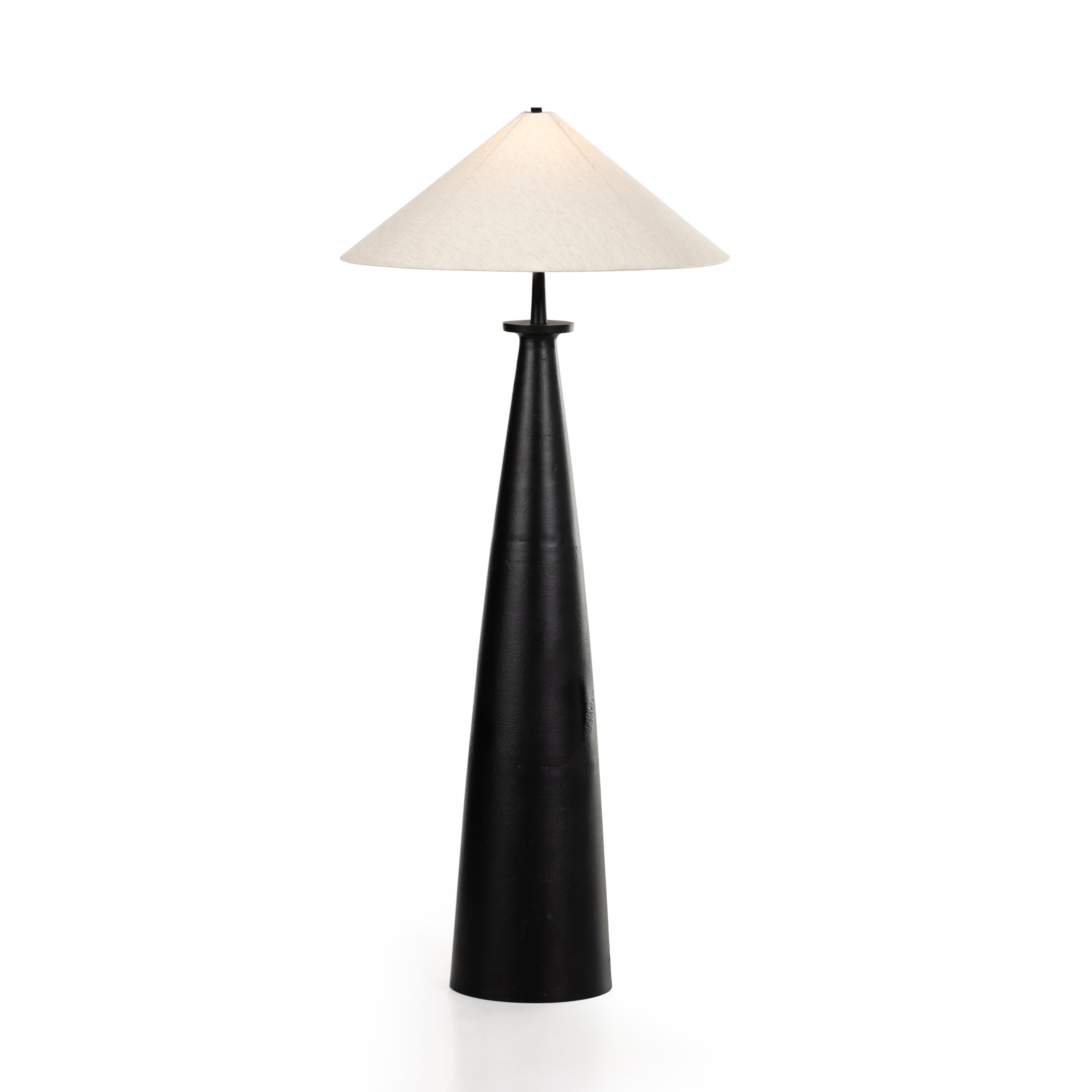 Featuring Innes Matte Black Tapered Shade Floor Lamp by Four Hands at Amethyst Home. A striking sculptural piece featuring a beautifully shaped base of textured black aluminum. Paired with a tapered 100% cotton shade for contrast.Overall Dimensions: 30"W x 30"L x 65.75"HColors: Matte Black Cast Aluminum, Black Cord, Light BeigeMaterials: Aluminum, Vacuum Therm. Amethyst Home provides interior design, new home construction design consulting, vintage area rugs, and lighting in the Austin metro area.