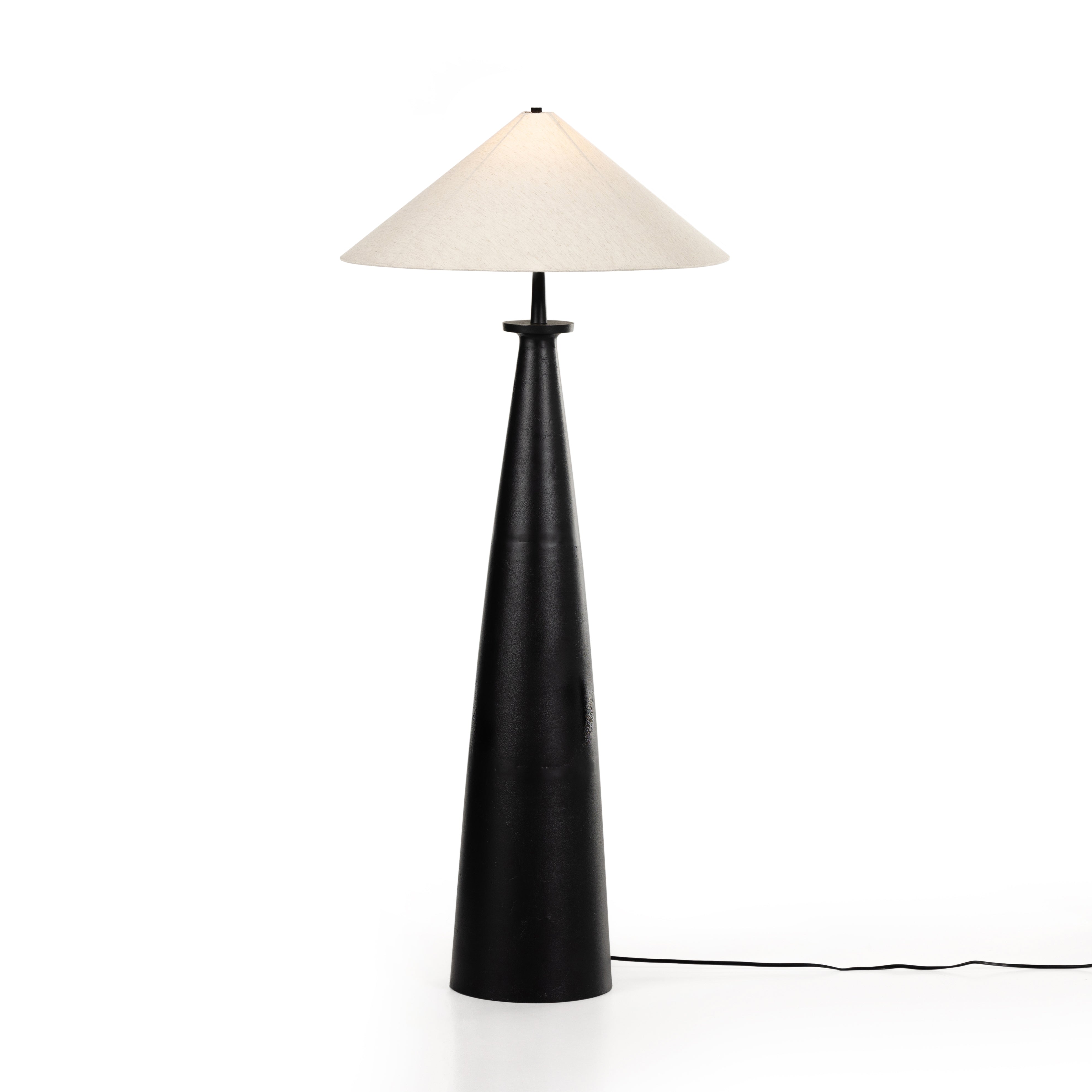Featuring Innes Matte Black Tapered Shade Floor Lamp by Four Hands at Amethyst Home. A striking sculptural piece featuring a beautifully shaped base of textured black aluminum. Paired with a tapered 100% cotton shade for contrast.Overall Dimensions: 30"W x 30"L x 65.75"HColors: Matte Black Cast Aluminum, Black Cord, Light BeigeMaterials: Aluminum, Vacuum . Amethyst Home provides interior design, new home construction design consulting, vintage area rugs, and lighting in the Los Angeles metro area.