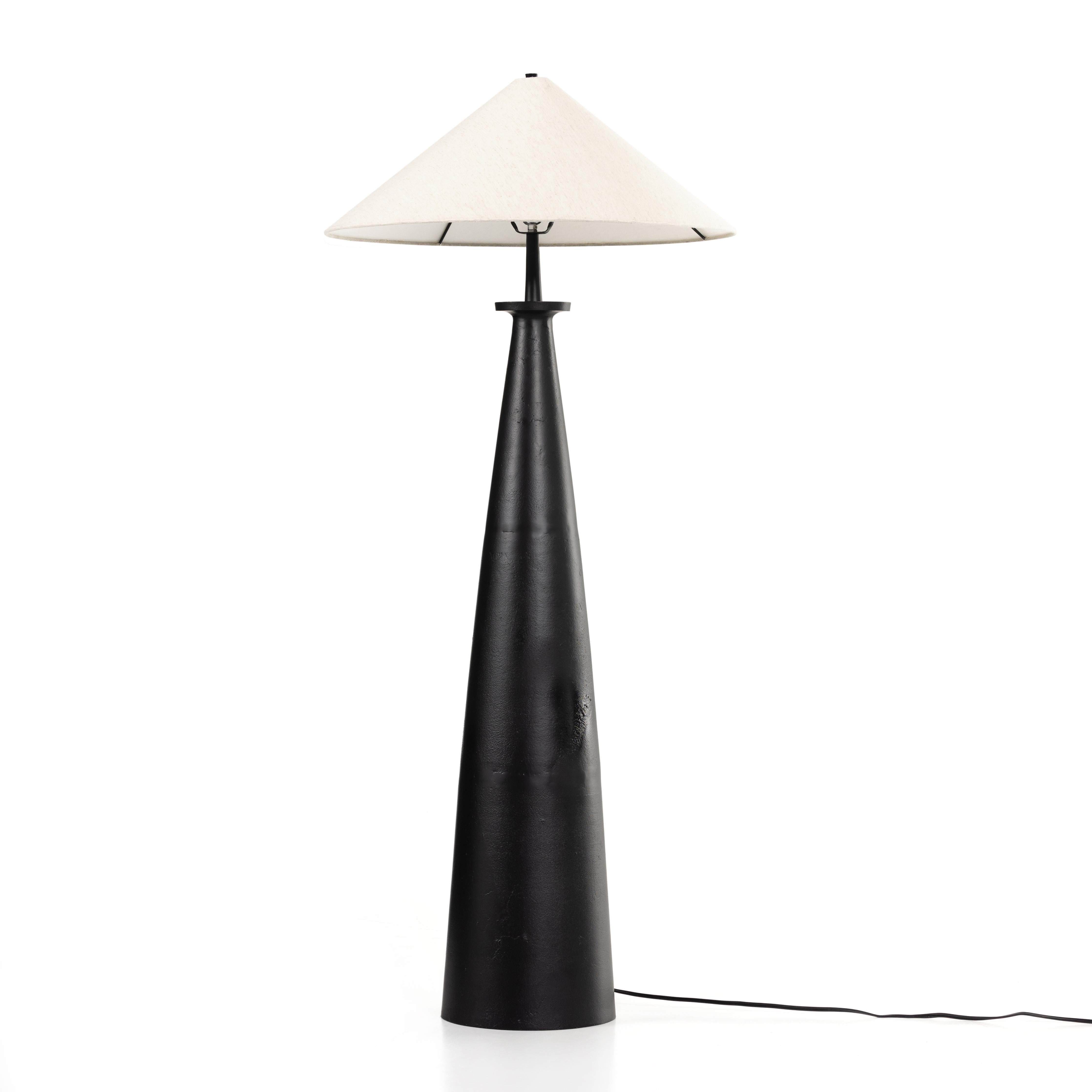 Featuring Innes Matte Black Tapered Shade Floor Lamp by Four Hands at Amethyst Home. A striking sculptural piece featuring a beautifully shaped base of textured black aluminum. Paired with a tapered 100% cotton shade for contrast.Overall Dimensions: 30"W x 30"L x 65.75"HColors: Matte Black Cast Aluminum, Black Cord, Light BeigeMaterials: Aluminum, Vacuum The. Amethyst Home provides interior design, new home construction design consulting, vintage area rugs, and lighting in the Portland metro area.