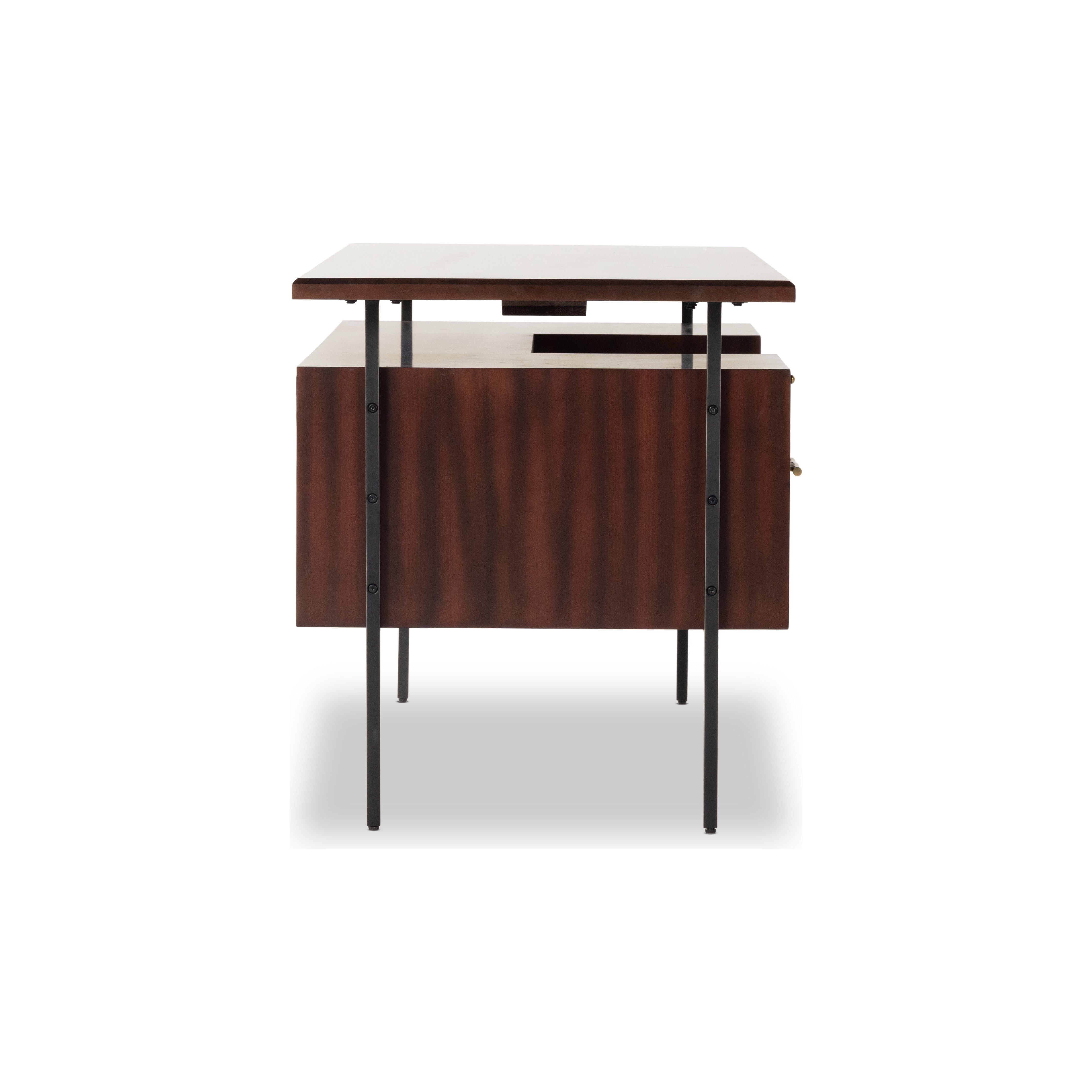 Featuring Lauren  Desk by Four Hands at Amethyst Home. This mid-century inspired lawyer's desk offers heavy-duty storage with two-sided cabinetry. A floating top and simple iron legs keeps the look light and modern. Solid acacia casing with reclaimed peroba wood door and drawer fronts. This piece is designed in collaboration with Thomas Bina. Four Hands’ partnership with the re. Amethyst Home provides interior design, new construction, custom furniture, and area rugs in the Nashville metro area.