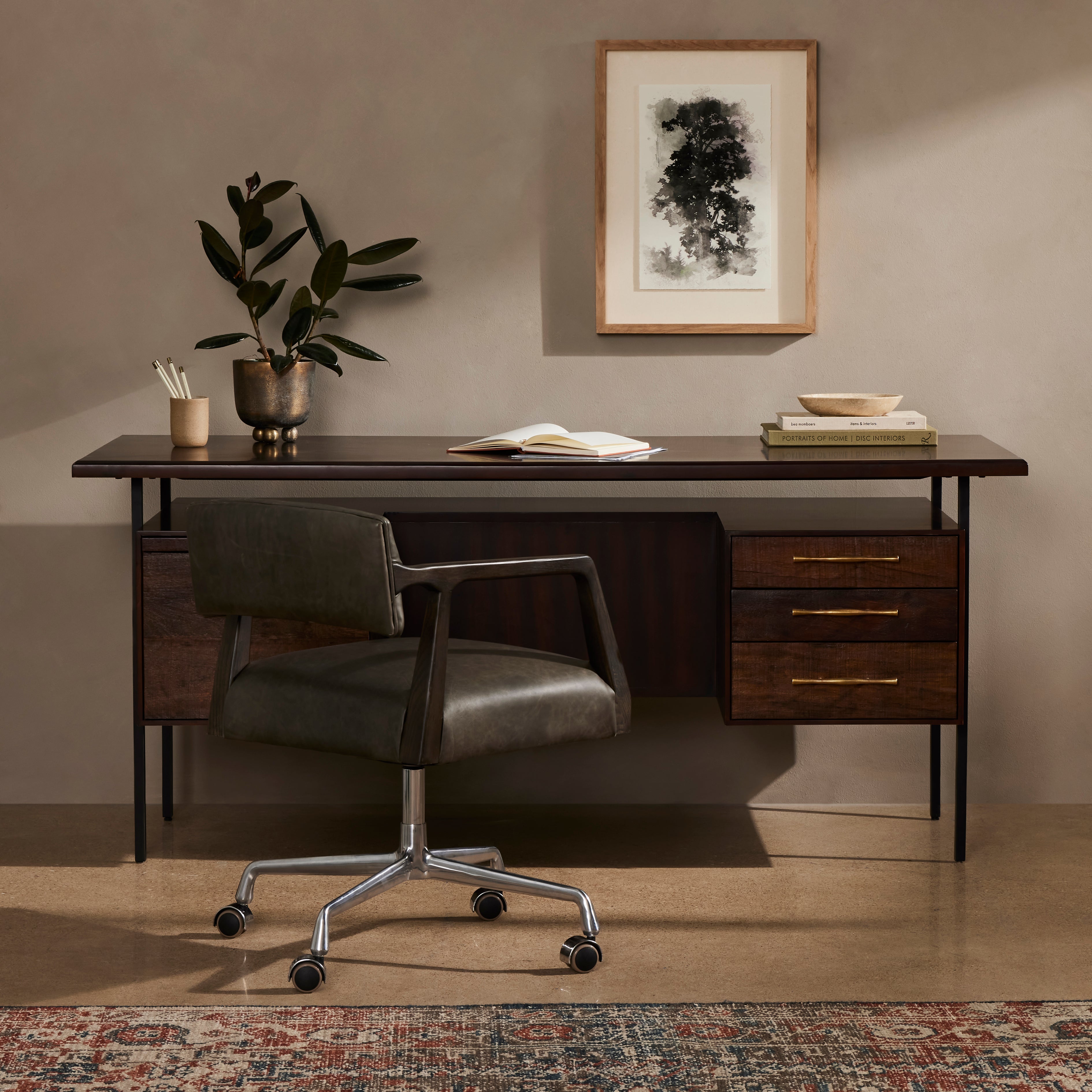 Featuring Lauren  Desk by Four Hands at Amethyst Home. This mid-century inspired lawyer's desk offers heavy-duty storage with two-sided cabinetry. A floating top and simple iron legs keeps the look light and modern. Solid acacia casing with reclaimed peroba wood door and drawer fronts. This piece is designed in collaboration with Thomas Bina. Four Hands’ partnership with t. Amethyst Home provides interior design, new construction, custom furniture, and area rugs in the Salt Lake City metro area.