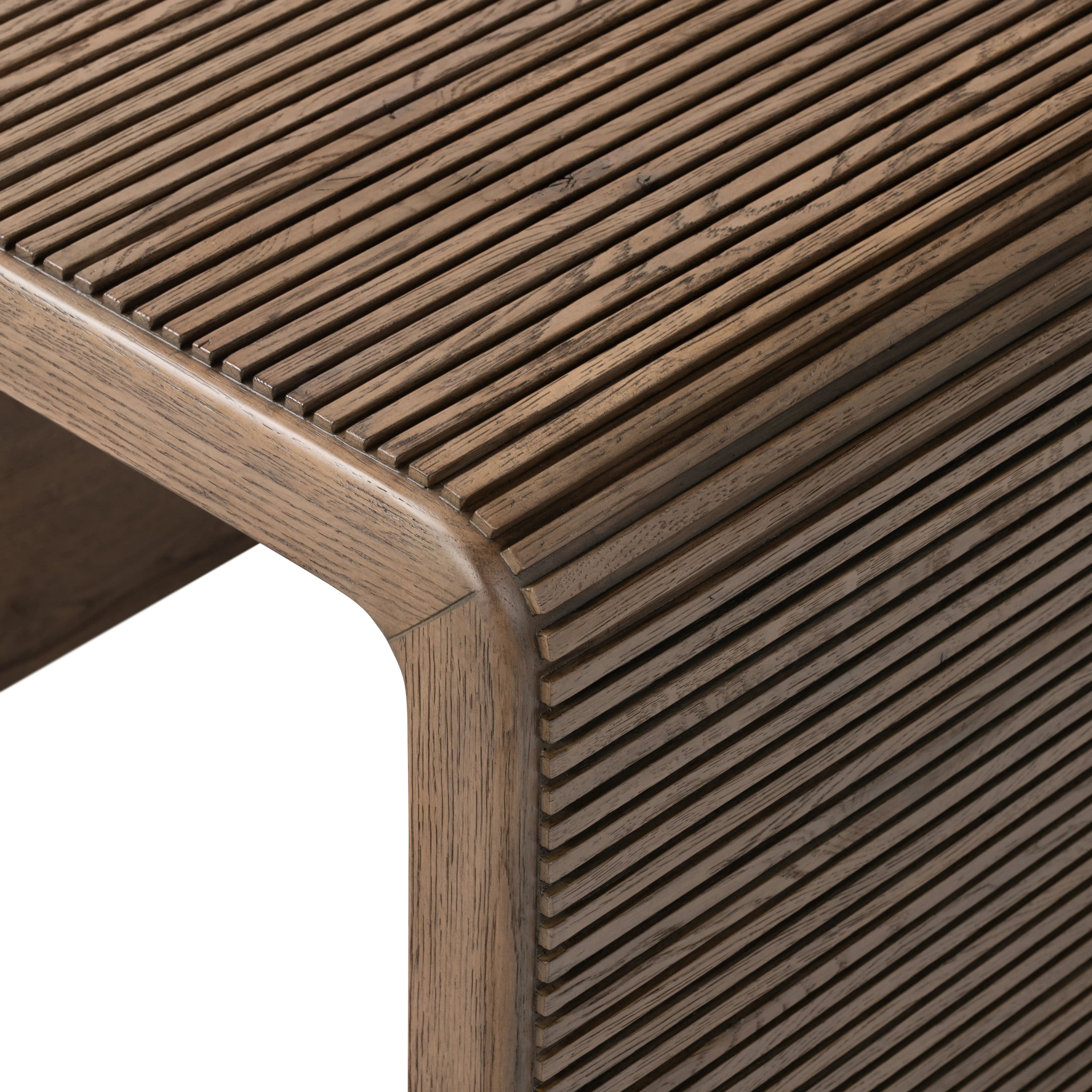 Featuring Leo Rustic Grey End Table by Four Hands at Amethyst Home. Made from rustic-finished oak, linear reeding and a curved shape define this midcentury-spirited end table. Designed in partnership with longtime Four Hands collaborator Thomas Bina and Brazilian designer Ronald Sasson.Overall Dimensions: 23.5"W x 27.5"L x 22"H
Collection: BinaColors: Rustic . Amethyst Home provides interior design, new home construction design consulting, vintage area rugs, and lighting in the Houston metro area.