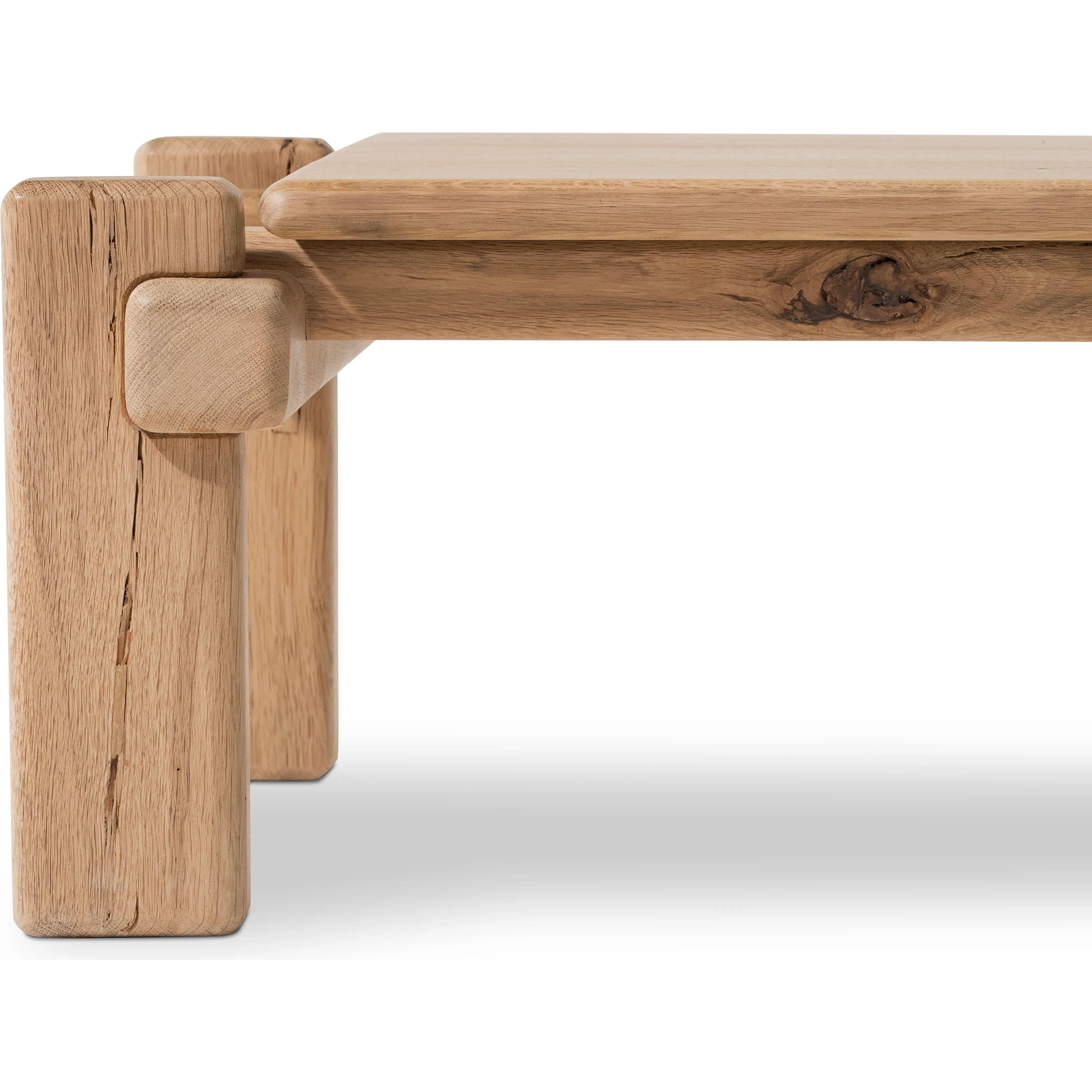 Featuring Marcia French Oak Large Coffee Table by Four Hands at Amethyst Home. Designed by Thomas Bina and Ronald Sasson, a design partnership blending both modern minimalist and Brazilian influences. Crafted from natural reclaimed French oak with overstated joint details. Rounded edges bring a soft, playful feel to the entire piece.Overall Dimensions: 31.5"W . Amethyst Home provides interior design, new home construction design consulting, vintage area rugs, and lighting in the Austin metro area.