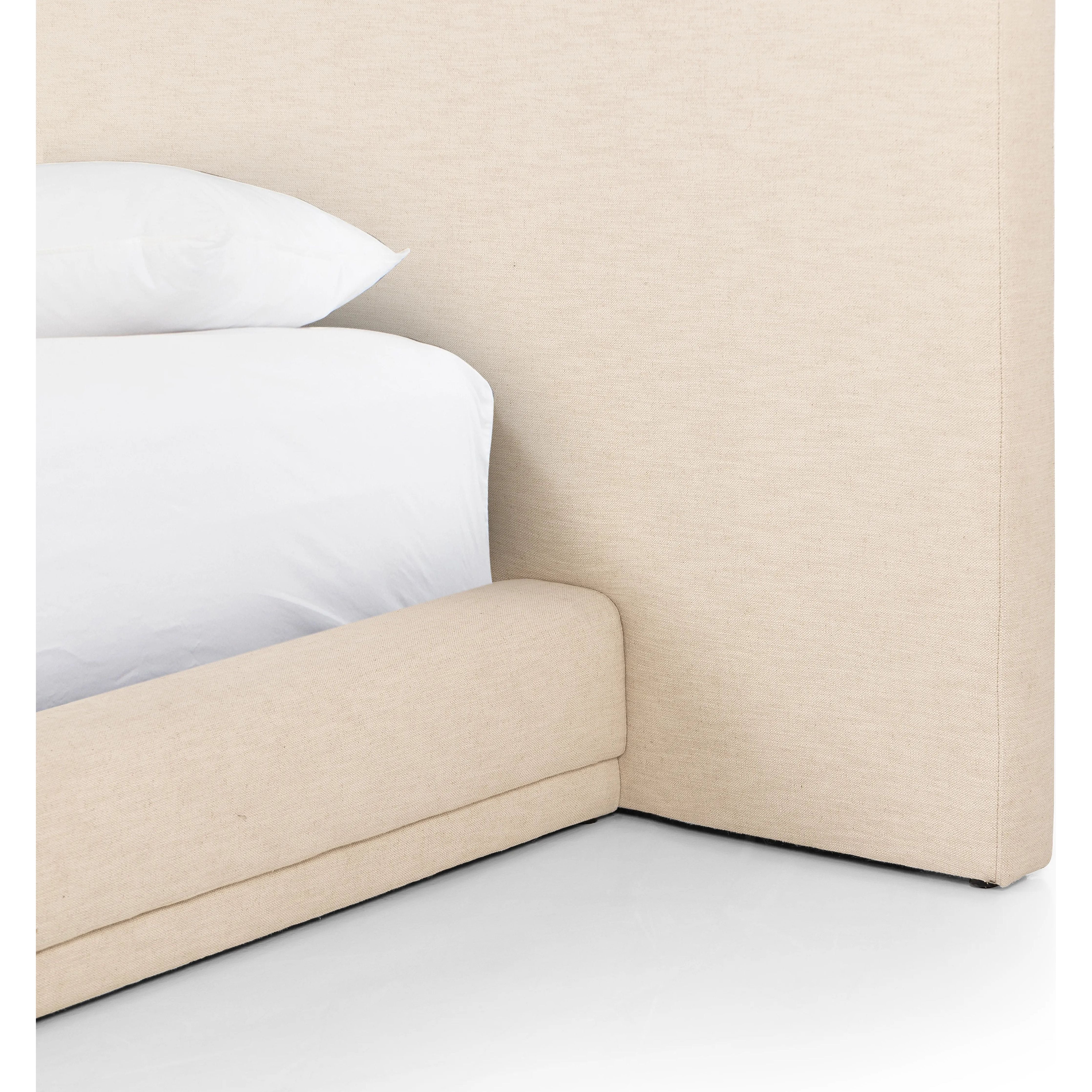 Featuring Martina Bergamo Extra Wide King Bed by Four Hands at Amethyst Home. Low profile luxury with an extra-wide fully upholstered headboard that brings drama to the bedroom. Modern Italian styling is both substantial and plush with clean lines all around. Fully upholstered in a textural cotton/linen blend with extra cushioning on the footboard and sid. Amethyst Home provides interior design, new home construction design consulting, vintage area rugs, and lighting in the Los Angeles metro area.