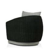 Featuring Maven Faux Black Outdoor Swivel Chair by Four Hands at Amethyst Home. Sustainably made with zero waste, luxurious Italian upholstery places a new and unique spin on indoor/outdoor seating, offering soft, durable fabric that's highly resistant to sun, stains, mold and abrasion. Shell framing in black faux-hyacinth weaves for extra texture atop a 3. Amethyst Home provides interior design, new home construction design consulting, vintage area rugs, and lighting in the Des Moines metro area.