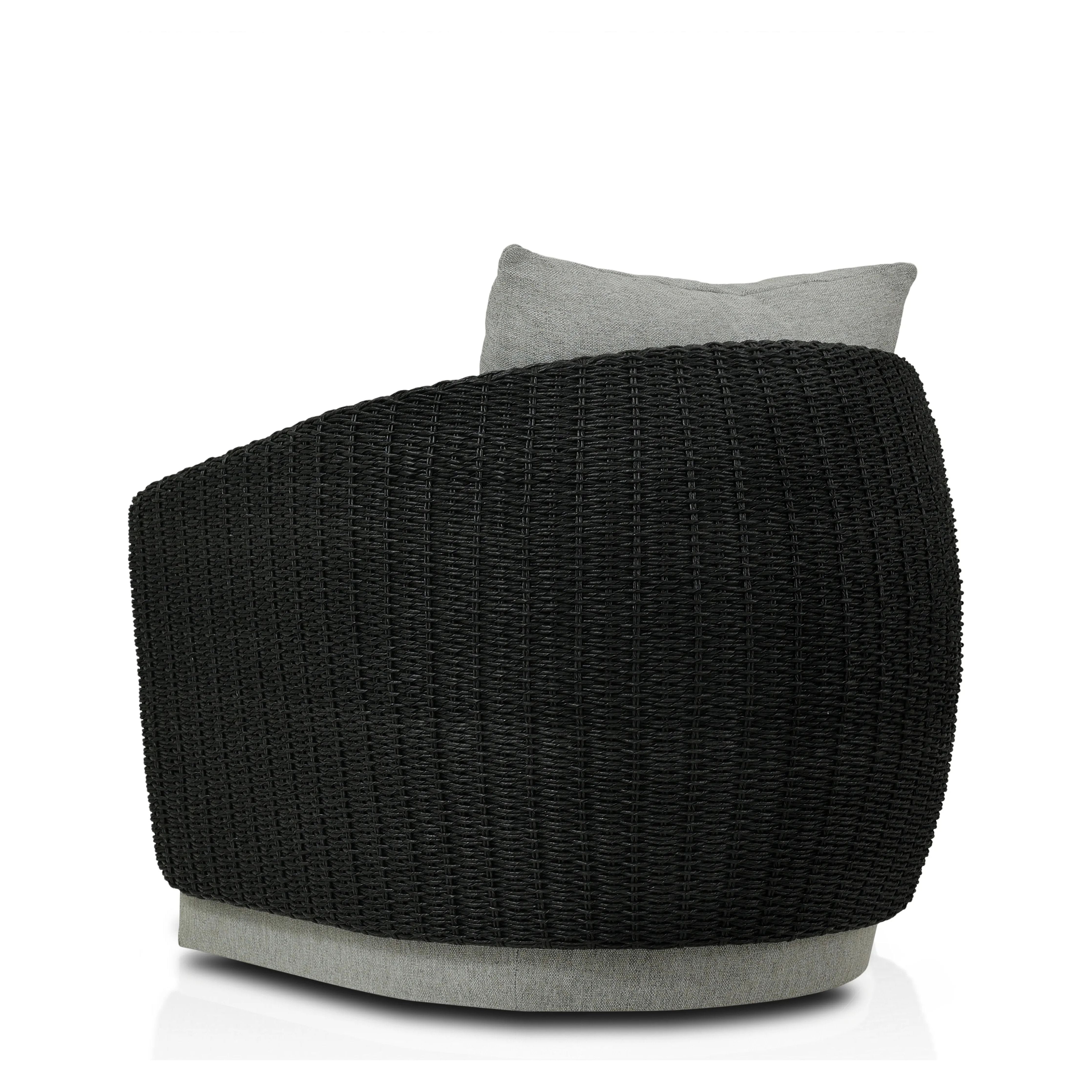 Featuring Maven Faux Black Outdoor Swivel Chair by Four Hands at Amethyst Home. Sustainably made with zero waste, luxurious Italian upholstery places a new and unique spin on indoor/outdoor seating, offering soft, durable fabric that's highly resistant to sun, stains, mold and abrasion. Shell framing in black faux-hyacinth weaves for extra texture atop a 3. Amethyst Home provides interior design, new home construction design consulting, vintage area rugs, and lighting in the Des Moines metro area.