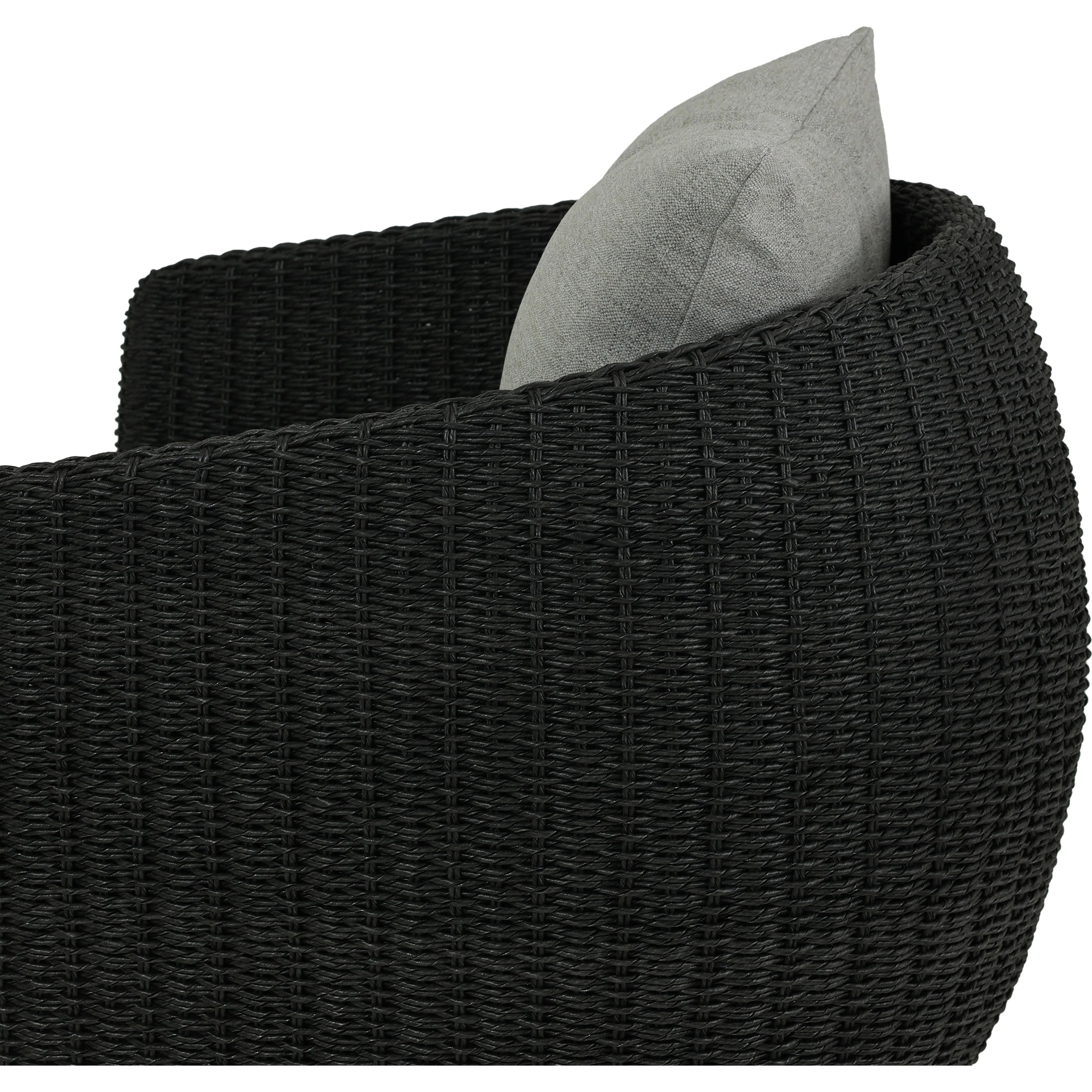 Featuring Maven Faux Black Outdoor Swivel Chair by Four Hands at Amethyst Home. Sustainably made with zero waste, luxurious Italian upholstery places a new and unique spin on indoor/outdoor seating, offering soft, durable fabric that's highly resistant to sun, stains, mold and abrasion. Shell framing in black faux-hyacinth weaves for extra texture atop a 360-de. Amethyst Home provides interior design, new home construction design consulting, vintage area rugs, and lighting in the Miami metro area.