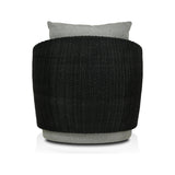 Featuring Maven Faux Black Outdoor Swivel Chair by Four Hands at Amethyst Home. Sustainably made with zero waste, luxurious Italian upholstery places a new and unique spin on indoor/outdoor seating, offering soft, durable fabric that's highly resistant to sun, stains, mold and abrasion. Shell framing in black faux-hyacinth weaves for extra texture atop . Amethyst Home provides interior design, new home construction design consulting, vintage area rugs, and lighting in the Newport Beach metro area.