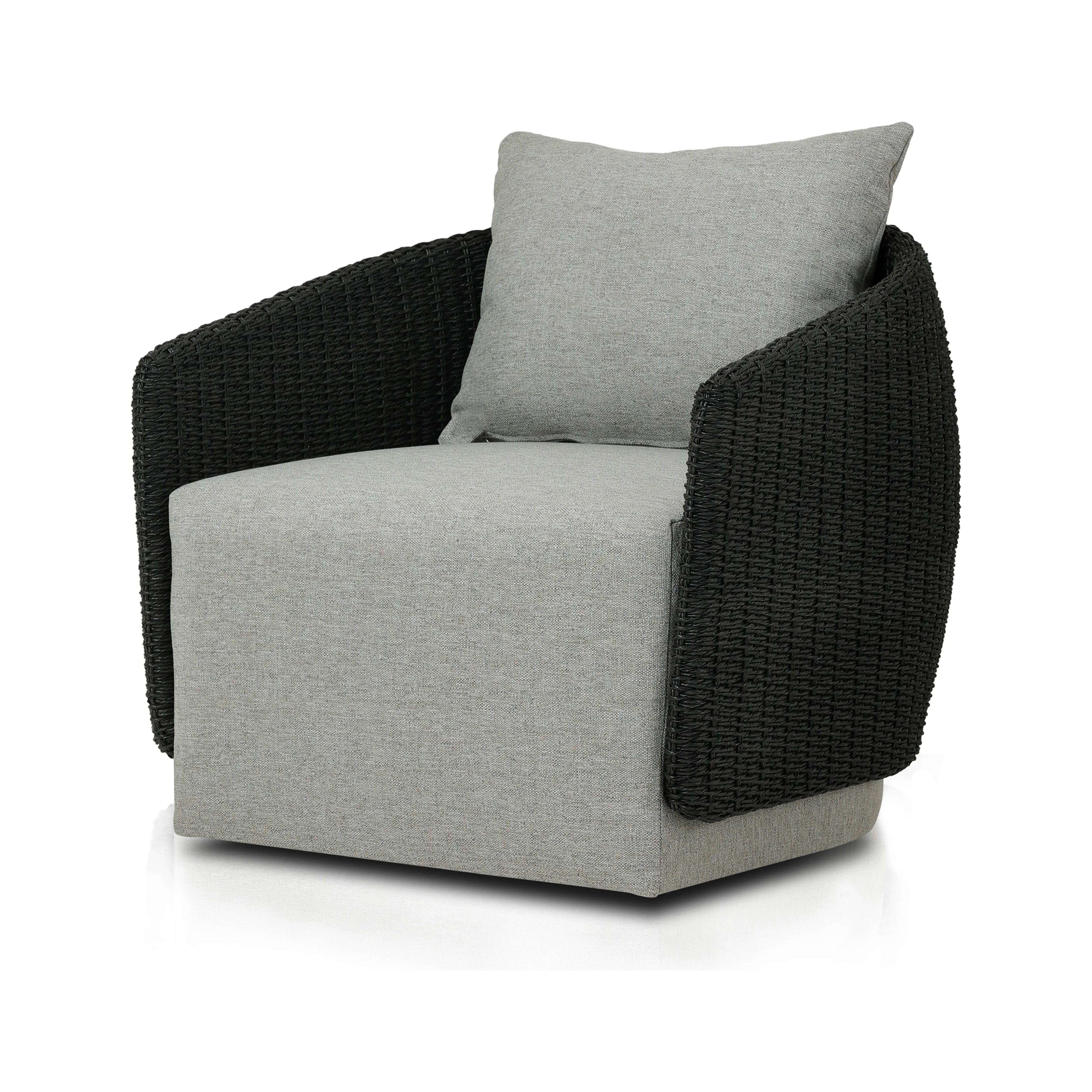 Featuring Maven Faux Black Outdoor Swivel Chair by Four Hands at Amethyst Home. Sustainably made with zero waste, luxurious Italian upholstery places a new and unique spin on indoor/outdoor seating, offering soft, durable fabric that's highly resistant to sun, stains, mold and abrasion. Shell framing in black faux-hyacinth weaves for extra texture atop a 360-de. Amethyst Home provides interior design, new home construction design consulting, vintage area rugs, and lighting in the Omaha metro area.