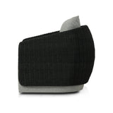 Featuring Maven Faux Black Outdoor Swivel Chair by Four Hands at Amethyst Home. Sustainably made with zero waste, luxurious Italian upholstery places a new and unique spin on indoor/outdoor seating, offering soft, durable fabric that's highly resistant to sun, stains, mold and abrasion. Shell framing in black faux-hyacinth weaves for extra texture atop . Amethyst Home provides interior design, new home construction design consulting, vintage area rugs, and lighting in the Winter Garden metro area.