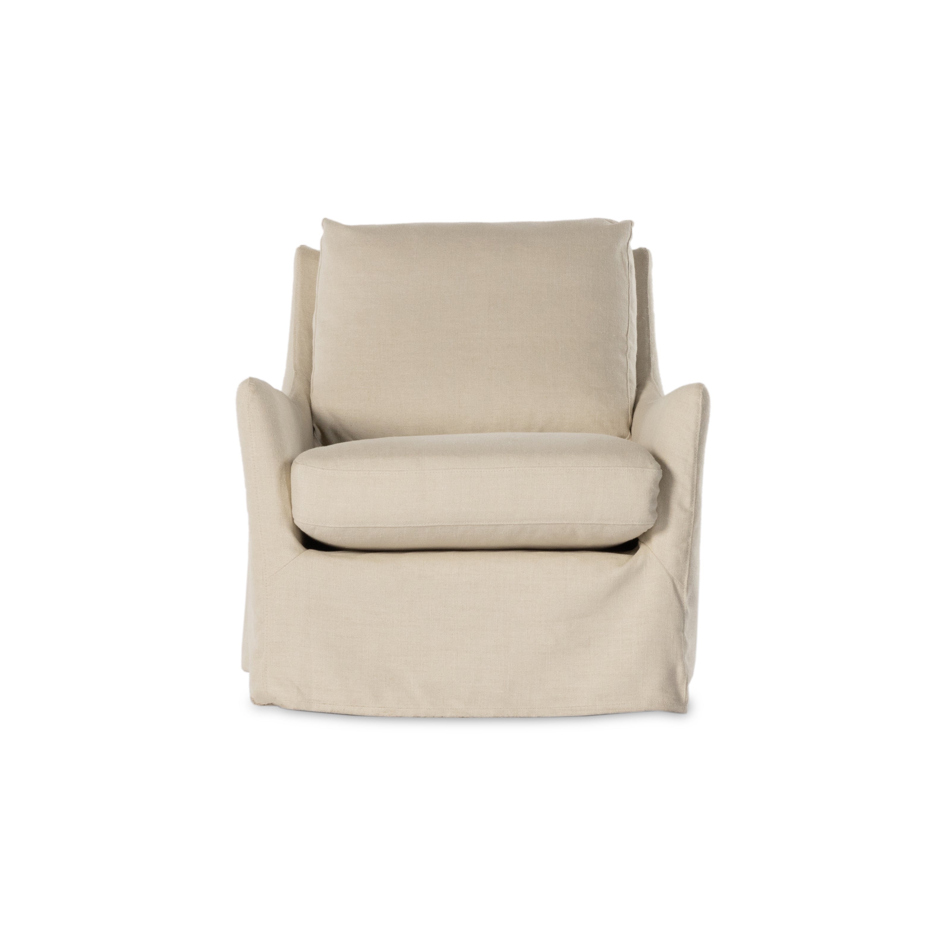 Featuring Monette Natural Slipcover Swivel Chair by Four Hands at Amethyst Home. This 360-degree swivel chair is defined by slightly sloping, flared arms and a floor-length slipcover. Finished in a soft, tight weave slipcover for a traditional style. Durable and soft to the touch, Libeco™-sourced linens are artisan-made and free of toxic chemicals. Slipcovered styles are fully removab. Amethyst Home provides interior design, new construction, custom furniture and area rugs in the Boston metro area