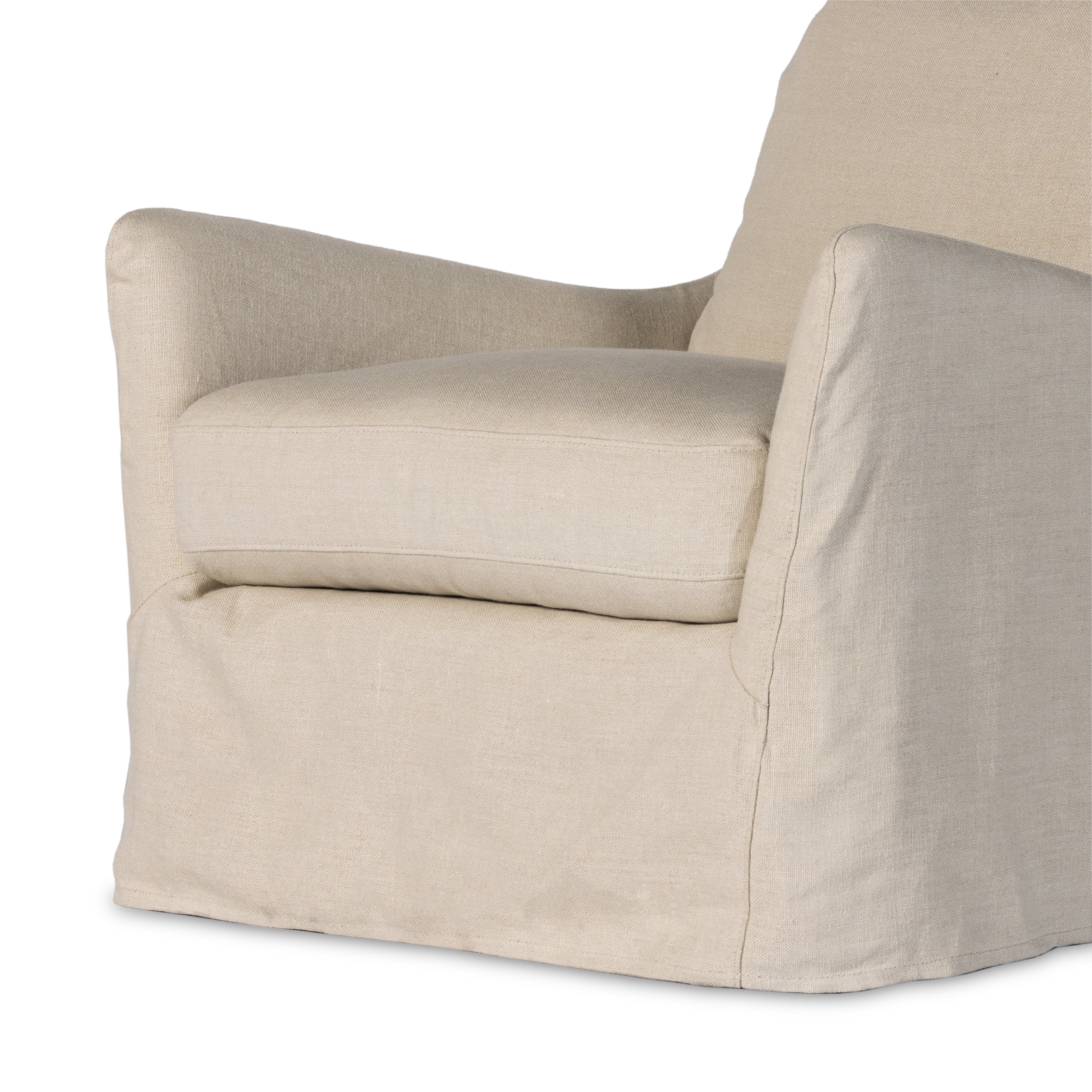 Featuring Monette Natural Slipcover Swivel Chair by Four Hands at Amethyst Home. This 360-degree swivel chair is defined by slightly sloping, flared arms and a floor-length slipcover. Finished in a soft, tight weave slipcover for a traditional style. Durable and soft to the touch, Libeco™-sourced linens are artisan-made and free of toxic chemicals. Slipcovered styles are fully remo. Amethyst Home provides interior design, new construction, custom furniture and area rugs in the Charlotte metro area