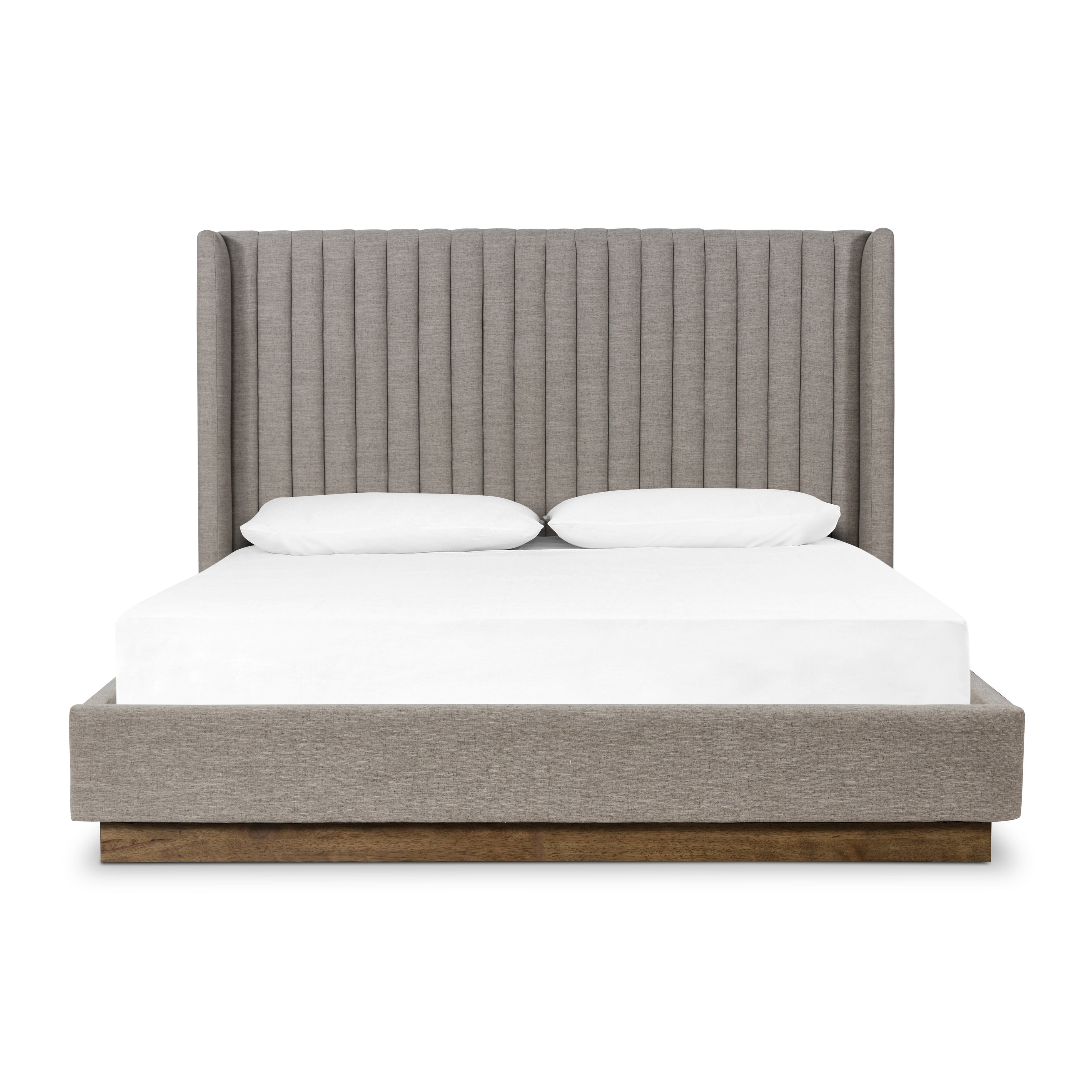 Featuring Montgomery Bed by Four Hands at Amethyst Home. The Montgomery Bed is a tall, vertical-channeled headboard that is upholstered in grey high-performance fabric for a sensible take on modern bedroom styling. A parawood plinth base grounds the whole look. Performance fabrics are specially created to withstand spills, stains, high traffic and wear, ensuring long-term comfort and unmatched. Amethyst Home provides interior design services, furniture, rugs, and lighting in the Dallas metro area.