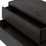 Featuring Noeline Smoked Black Oak Veneer Nightstand by Four Hands at Amethyst Home. Topped with a thick plank of solid oak, this extra-wide nightstand blends modern lines and warm character with two roomy drawers, slightly curved corners, and solid square legs. Seamless drawer fronts have a push-latch mechanism. Made from solid oak and veneer in a smoky black. Amethyst Home provides interior design, new home construction design consulting, vintage area rugs, and lighting in the Boston metro area.