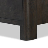 Featuring Noeline Smoked Black Oak Veneer Nightstand by Four Hands at Amethyst Home. Topped with a thick plank of solid oak, this extra-wide nightstand blends modern lines and warm character with two roomy drawers, slightly curved corners, and solid square legs. Seamless drawer fronts have a push-latch mechanism. Made from solid oak and veneer in a smoky. Amethyst Home provides interior design, new home construction design consulting, vintage area rugs, and lighting in the Laguna Beach metro area.