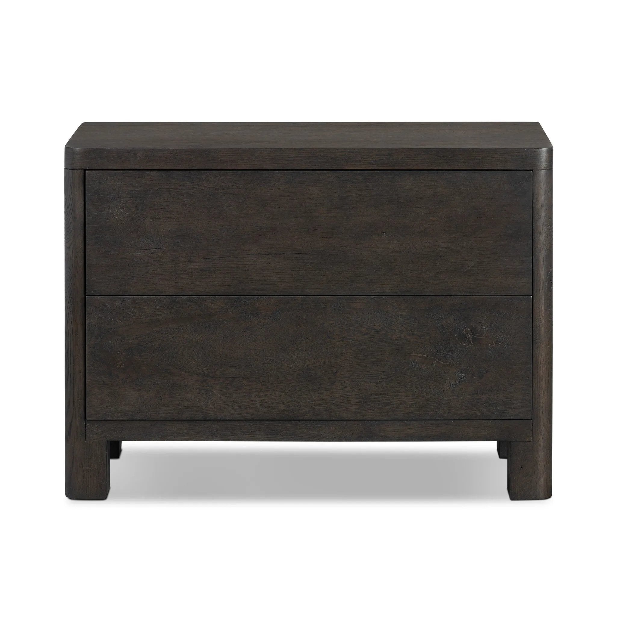Featuring Noeline Smoked Black Oak Veneer Nightstand by Four Hands at Amethyst Home. Topped with a thick plank of solid oak, this extra-wide nightstand blends modern lines and warm character with two roomy drawers, slightly curved corners, and solid square legs. Seamless drawer fronts have a push-latch mechanism. Made from solid oak and veneer in a smok. Amethyst Home provides interior design, new home construction design consulting, vintage area rugs, and lighting in the Newport Beach metro area.