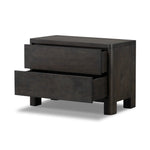 Featuring Noeline Smoked Black Oak Veneer Nightstand by Four Hands at Amethyst Home. Topped with a thick plank of solid oak, this extra-wide nightstand blends modern lines and warm character with two roomy drawers, slightly curved corners, and solid square legs. Seamless drawer fronts have a push-latch mechanism. Made from solid oak and veneer in a smoky bl. Amethyst Home provides interior design, new home construction design consulting, vintage area rugs, and lighting in the Park City metro area.