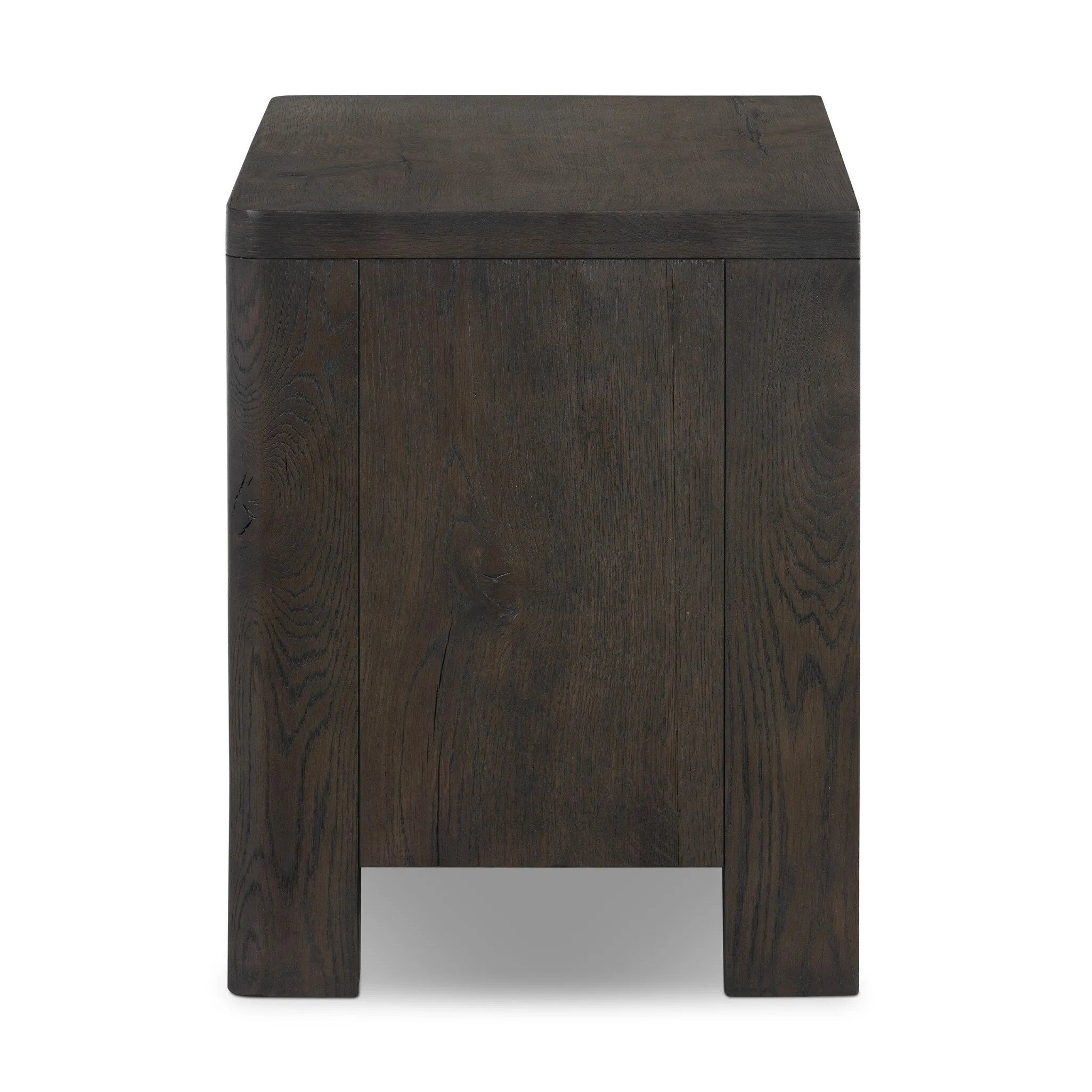 Featuring Noeline Smoked Black Oak Veneer Nightstand by Four Hands at Amethyst Home. Topped with a thick plank of solid oak, this extra-wide nightstand blends modern lines and warm character with two roomy drawers, slightly curved corners, and solid square legs. Seamless drawer fronts have a push-latch mechanism. Made from solid oak and veneer in a smok. Amethyst Home provides interior design, new home construction design consulting, vintage area rugs, and lighting in the Winter Garden metro area.