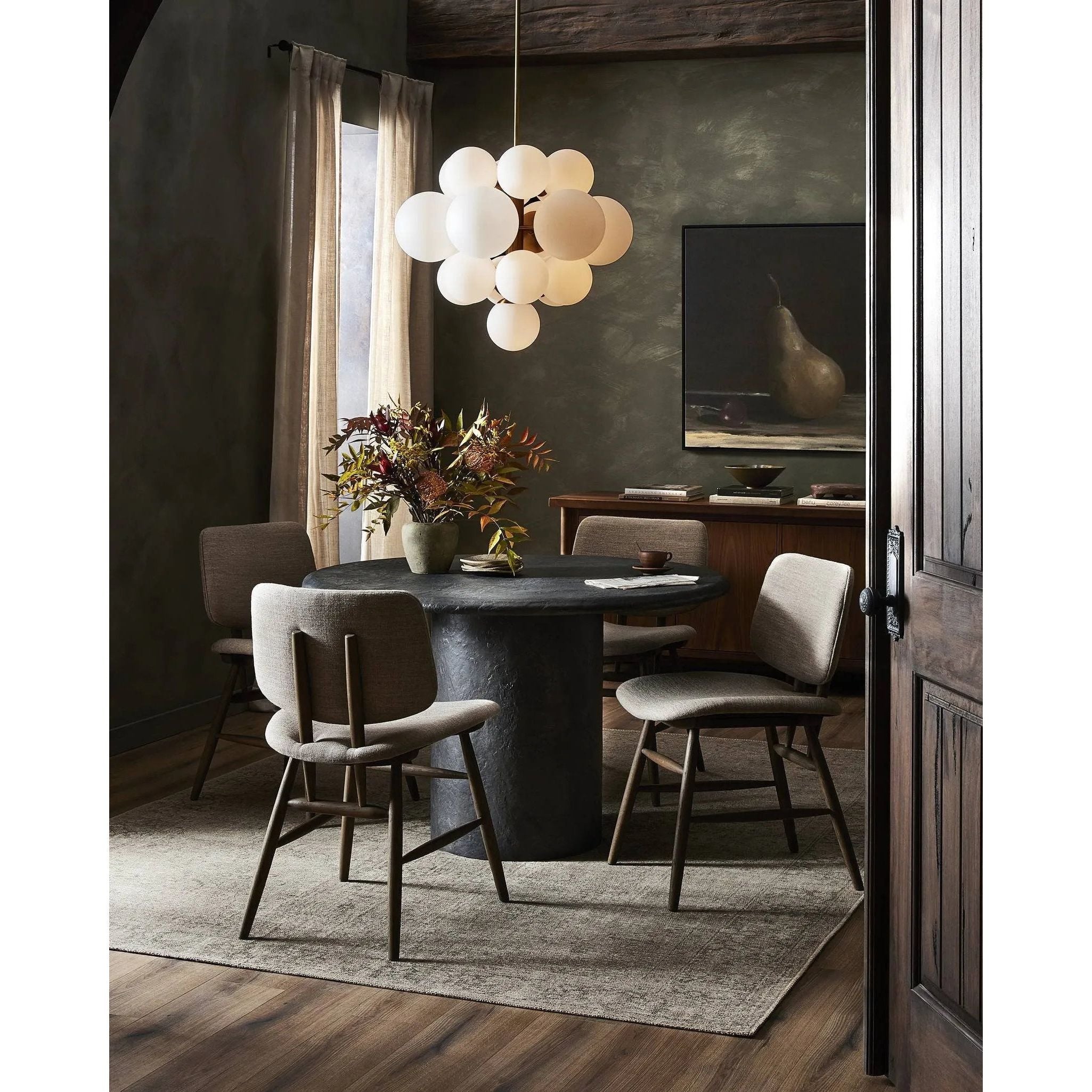 Featuring Nova Burnished Brass Chandelier by Four Hands at Amethyst Home. Marbled glass spheres form an interstellar cluster around a burnished brass frame. Each globe is individually blown, shaped and sculpted by hand through a one-hour process. Brass and glass are 98% recyclable. Designed and sustainably crafted in Poland by Schwung.
Overall Dimensions :. Amethyst Home provides interior design, new home construction design consulting, vintage area rugs, and lighting in the Alpharetta metro area.
