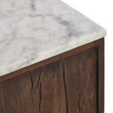 Featuring Odette Antique Belgium Bleach Marble Nightstand by Four Hands at Amethyst Home. Capturing the charm of vintage French storage, this solid mango wood nightstand stands tall with a polished marble top and softened ogee edges. Three spacious drawers are fitted with classic brass-button hardware. Natural marks and cracks are characteristic of the reclaim. Amethyst Home provides interior design, new home construction design consulting, vintage area rugs, and lighting in the Boston metro area.