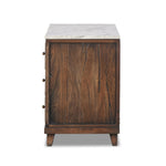 Featuring Odette Antique Belgium Bleach Marble Nightstand by Four Hands at Amethyst Home. Capturing the charm of vintage French storage, this solid mango wood nightstand stands tall with a polished marble top and softened ogee edges. Three spacious drawers are fitted with classic brass-button hardware. Natural marks and cracks are characteristic of the recl. Amethyst Home provides interior design, new home construction design consulting, vintage area rugs, and lighting in the Charlotte metro area.
